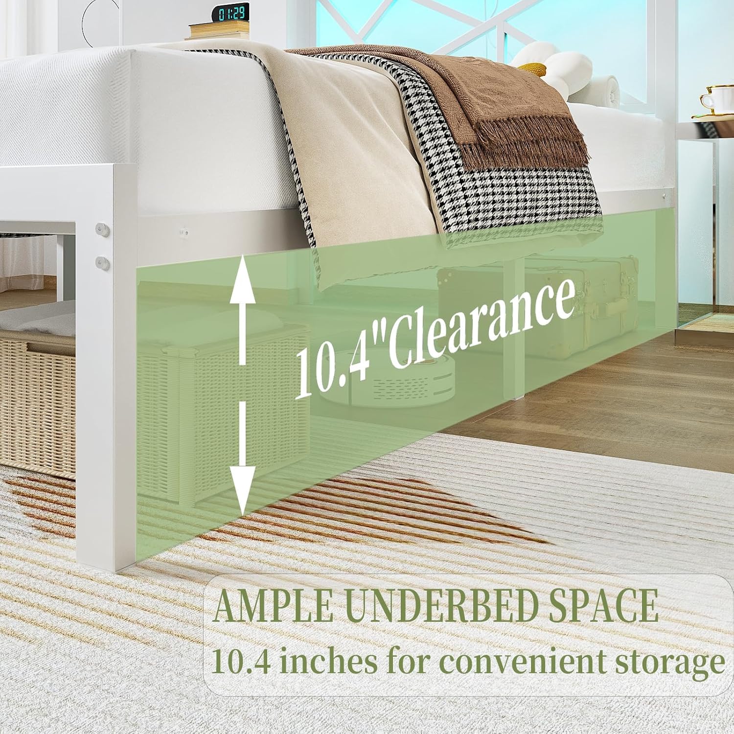 ChicZhiNest Queen White Metal Bed Frame with USB Charging Station, LED Ambient Lighting, and Wooden Storage Headboard - Includes Under-Bed Storage, No Box Spring Needed, Noise Free, Easy to Assemble - Image 4