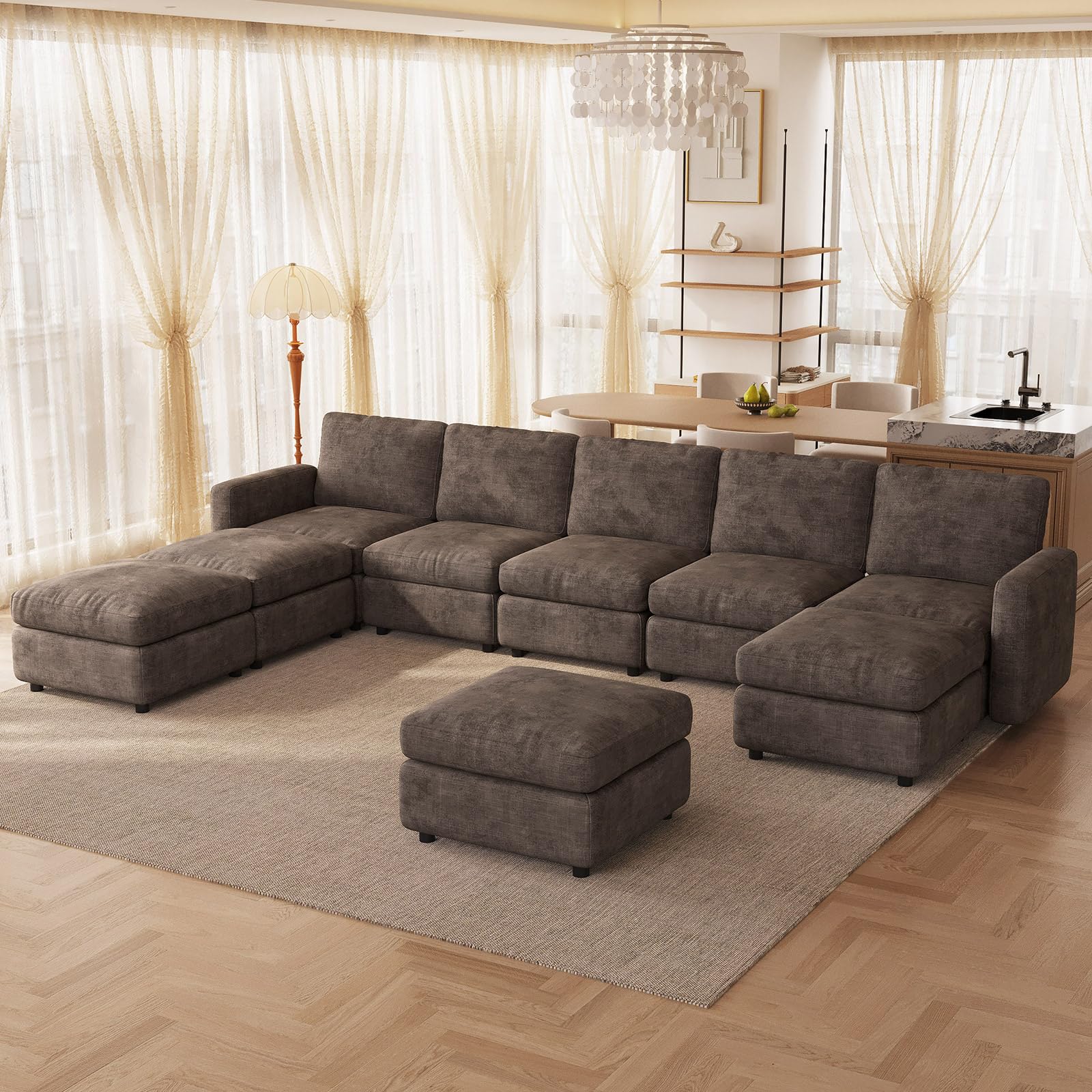 Moderno sofá modular de tela de 9 plazas en forma de L, elegante sofá gris pardo con cojines de asiento profundos y 4 otomanas, mueble modular perfecto para comodidad de sala de estar