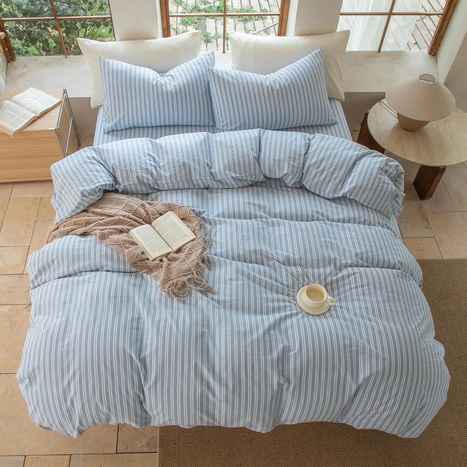 Striped Duvet Cover Set Full Size 100% Washed Cotton Linen Feel Natural Wrinkle Comfy Lightweight Bedding Set (Full, Double Stripe-Blue/White)