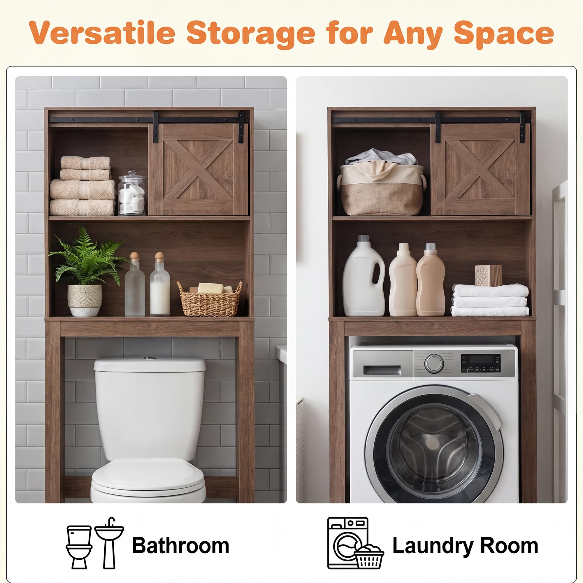 LIFEZEAL Mobile Lavatrice e Asciugatrice con Ante Scorrevoli e 3 Ripiani, Scaffale Sopra Lavatrice in Legno, Salvaspazio, Mobile sopra il WC per Lavanderia e Bagno (84,5 x 17 x 128 cm)