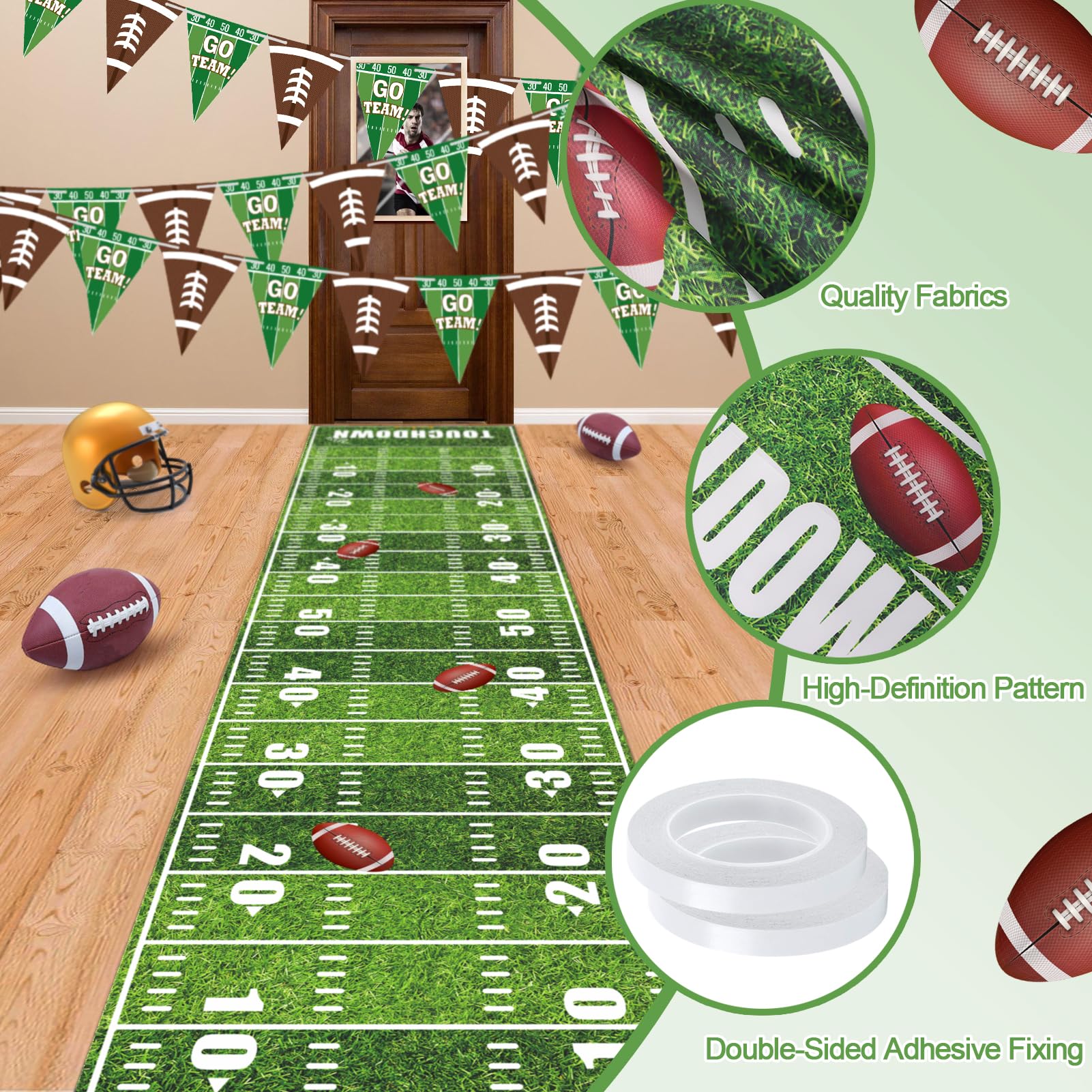 Fußball-Bodenläufer, 3 x 0,6 m, Fußball-Partyzubehör, Fußball-Party-Feldgangläufer, Fußball-Tischdecke, Touchdown-Bodenläufer für Spieltag, Party, Fußballfeld, Schild, Zubehör, 2 Packungen