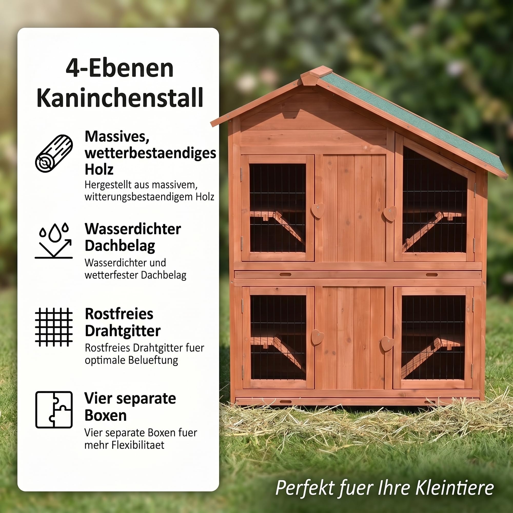 Mucola Hasenstall Kaninchenstall Holz 4 Ebenen mit Freilauf 113x55x128 cm | Herausnehmbare Edelstahl-Schublade, 4 Rampen mit Antirutsch-Leisten, verriegelbare Türen, Gitter, Hellbraun