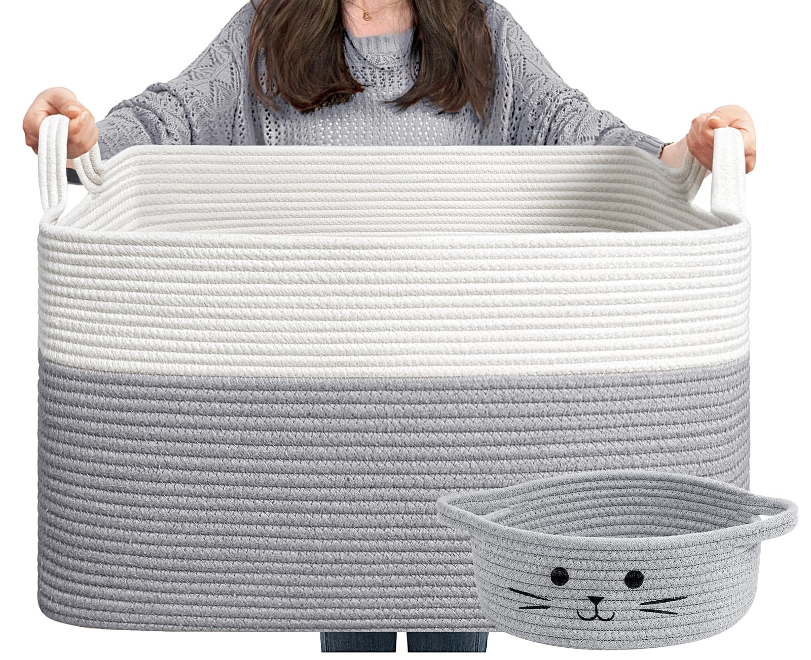 Goodpick Toy Baskets, Large Basket Blanket Storage for Living Room, Baskets for Gifts Empty, Nursery Laundry Basket for Dirty Clothes Pillows Towel, 21.6" x 14.9" x 11.8", White & Grey