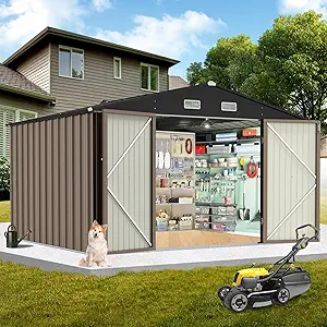 10 x 8 Ft Outdoor Storage Shed with Updated Frame Structure & Lockable Door, Waterproof Practical Garden Patio Lawn Poolside Metal Tool Shed Designed for Organization & Storage, Brown