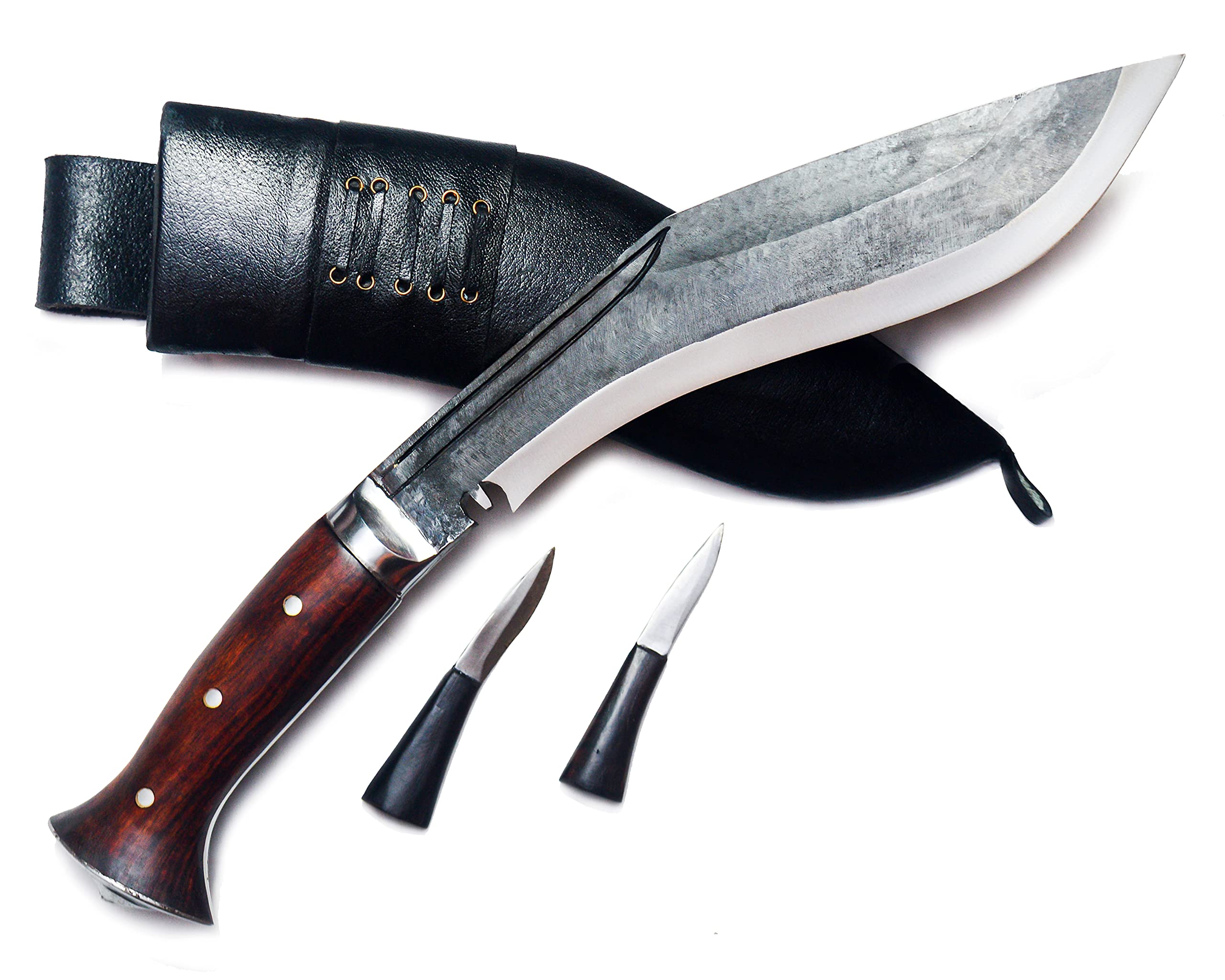 MASUM Kukri Knife, 10-inch Carbon Steel Blade, Rosewood Handle, Black Leather Sheath, 2 Small Knives