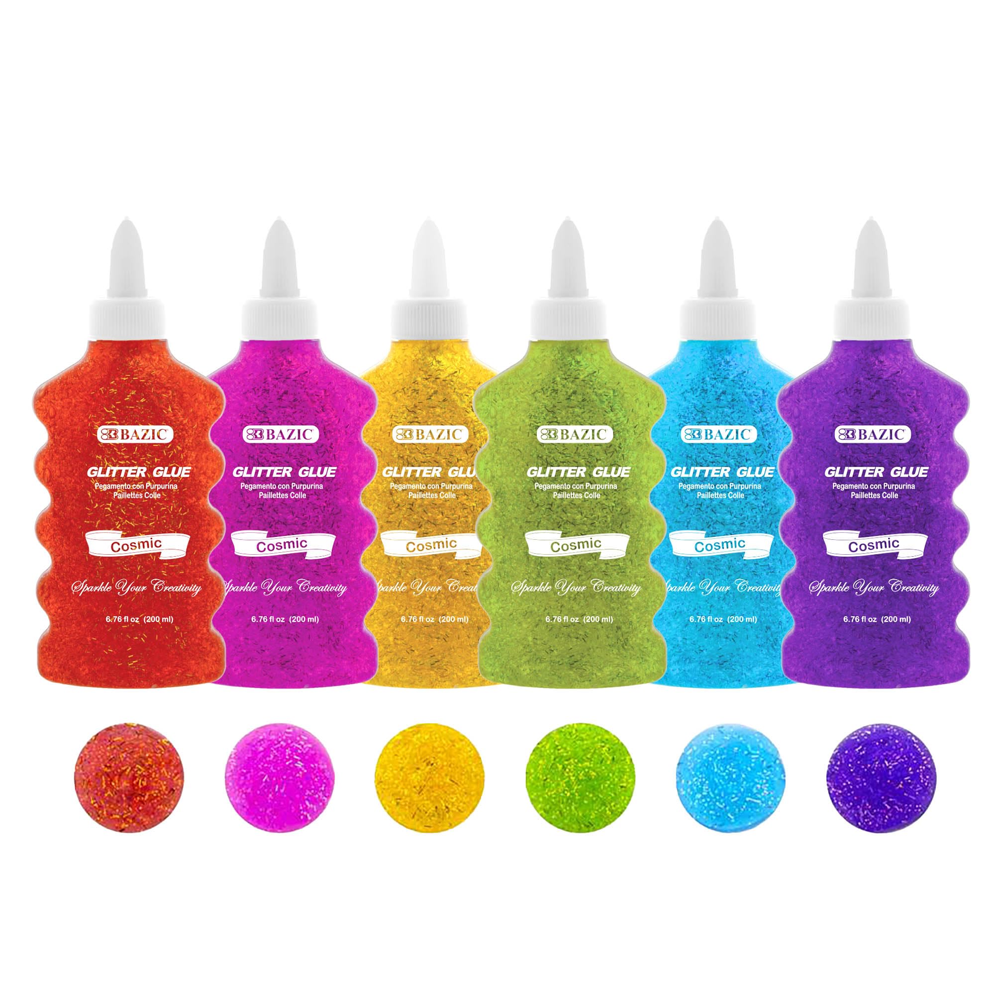 BAZIC Products Glitter Glue Tubes – 6 Assorted Neon Colors, Non-Toxic Washable Glitter Glue for Arts, Crafts, DIY, and Party Projects, 6.76 oz/Pack, 6 Packs