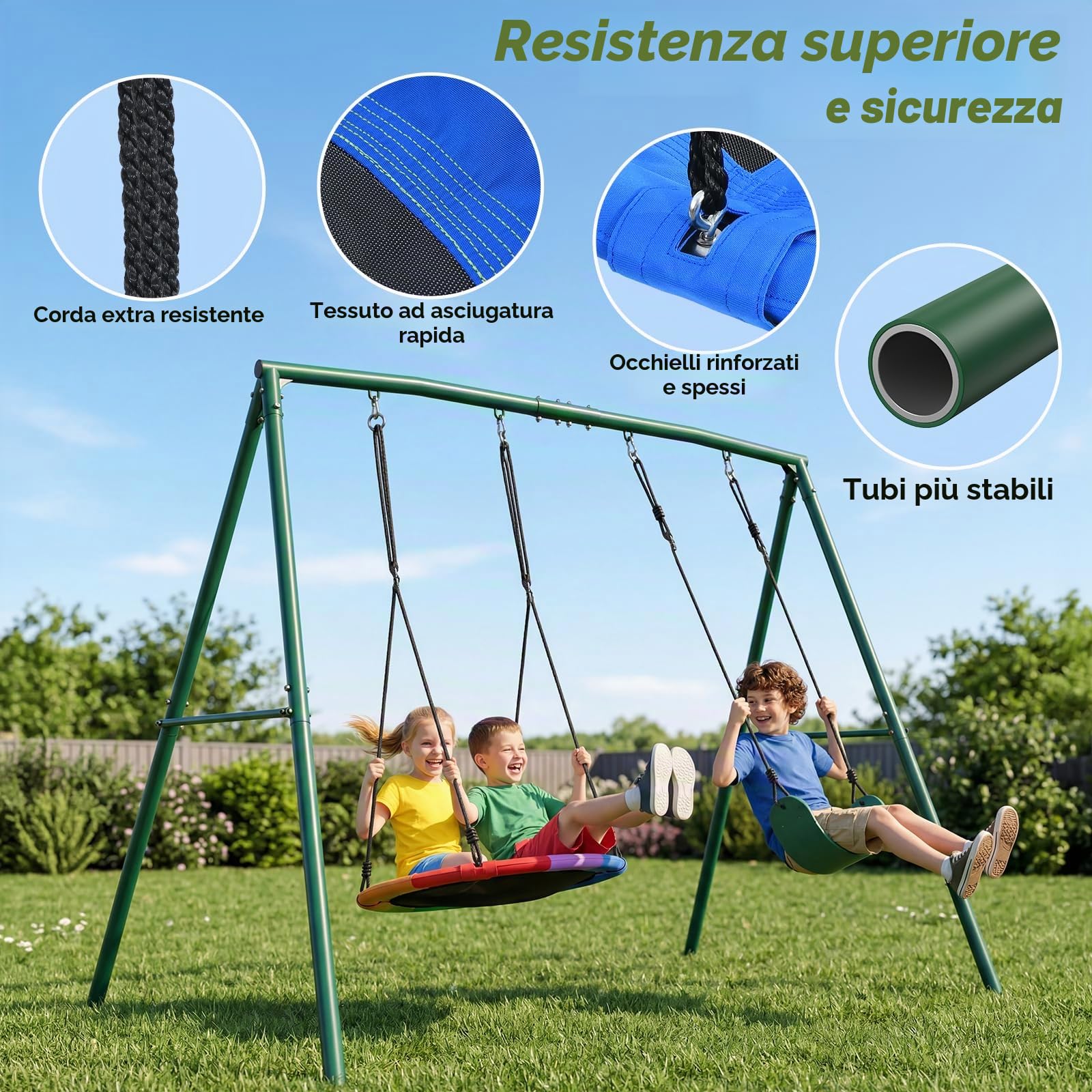 Trekassy Set di Altalena Doppia per Esterni con Struttura in Metallo, Portata fino a 200 kg, Altalena da Giardino con Altezza Regolabile, Altalena a Nido per Esterni per Bambini e Adulti