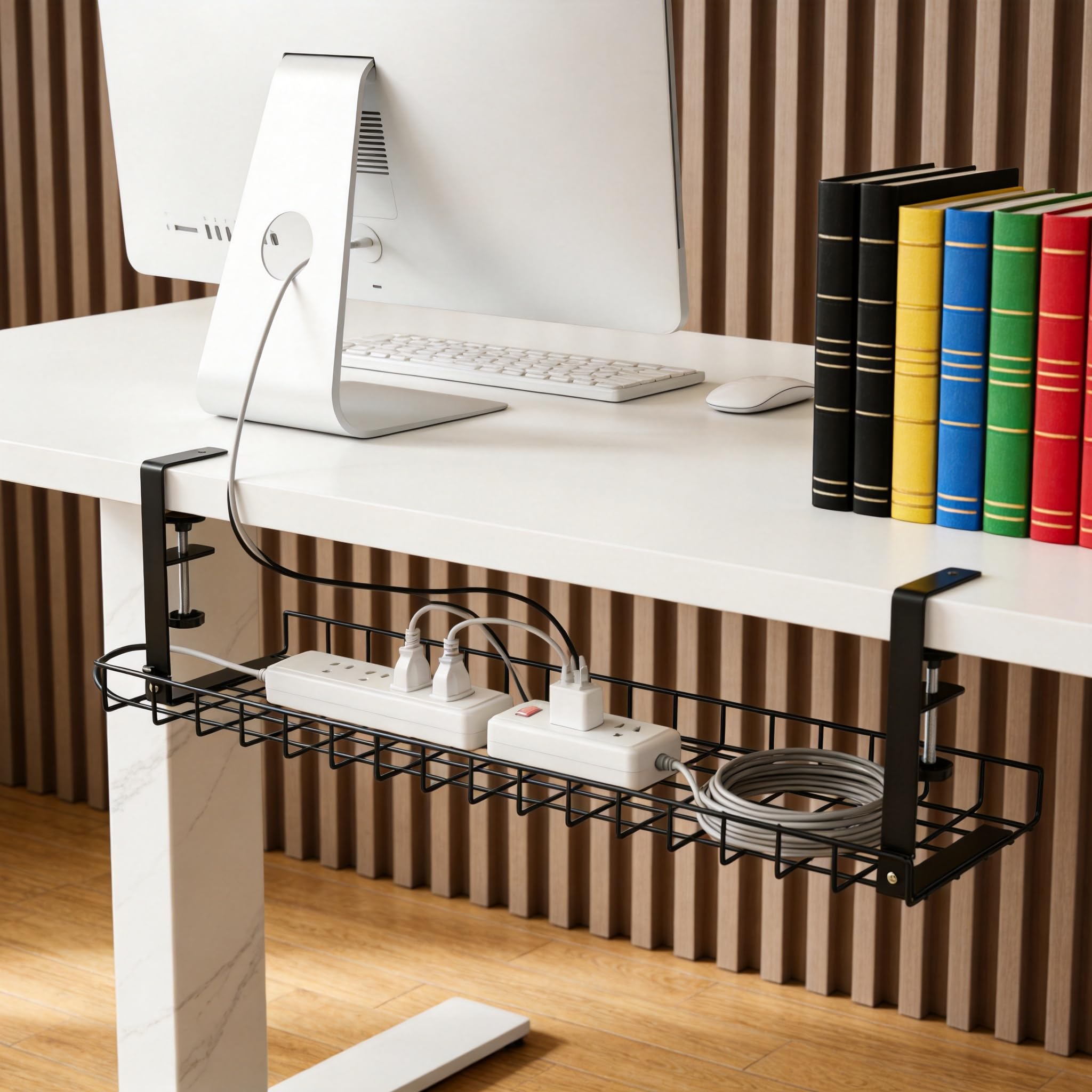 OFIFO® Under Desk Cable Management Tray, No-Drill Clamp-On Wire Organizer Basket with Retractable Design, 29.5×7.5 in Large Storage Tray with Zip Ties & Cable Clips for Office Desk and Home Workspace