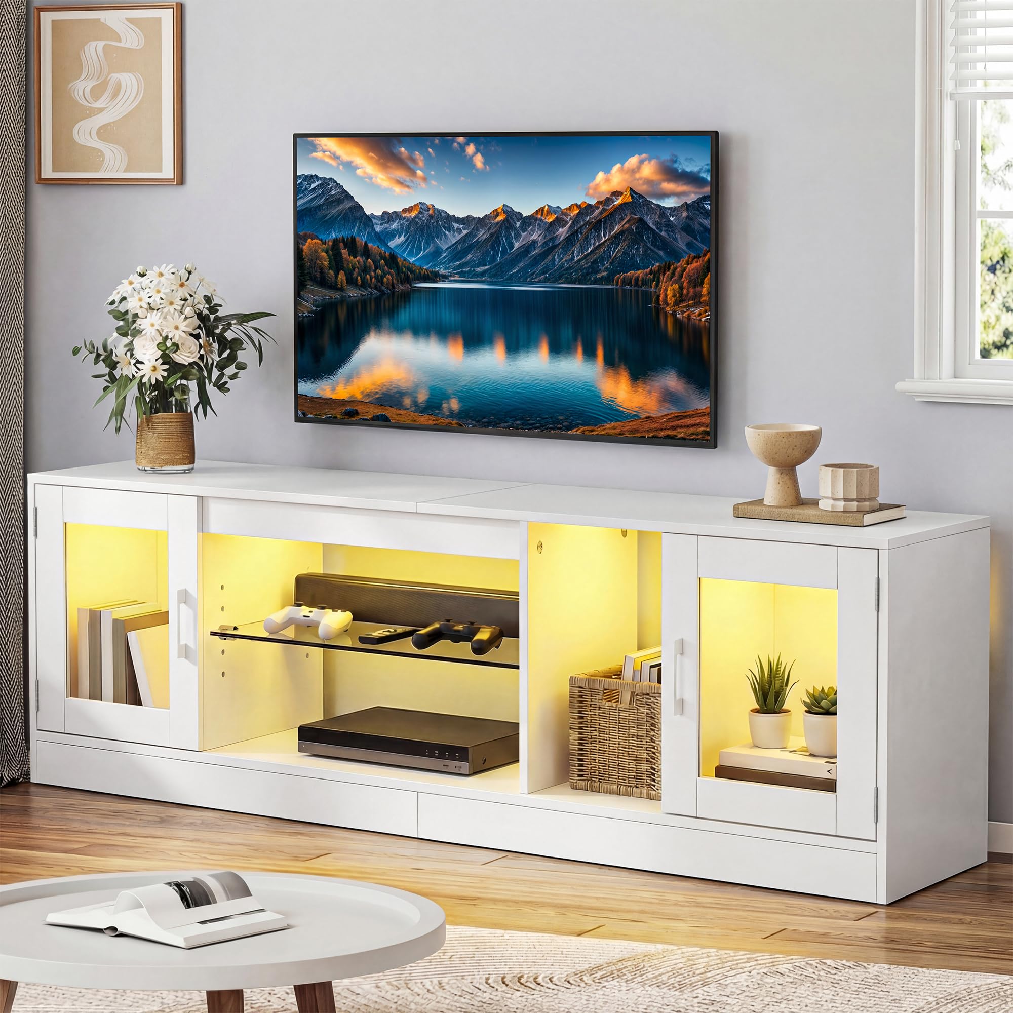 YITAHOME Mobile TV da 160 cm con 7 LED RGB, con 2 armadi chiusi, 3 ripiani aperti e ripiano in vetro regolabile, moderno centro di intrattenimento per soggiorno, 160 x 32 x 51 cm