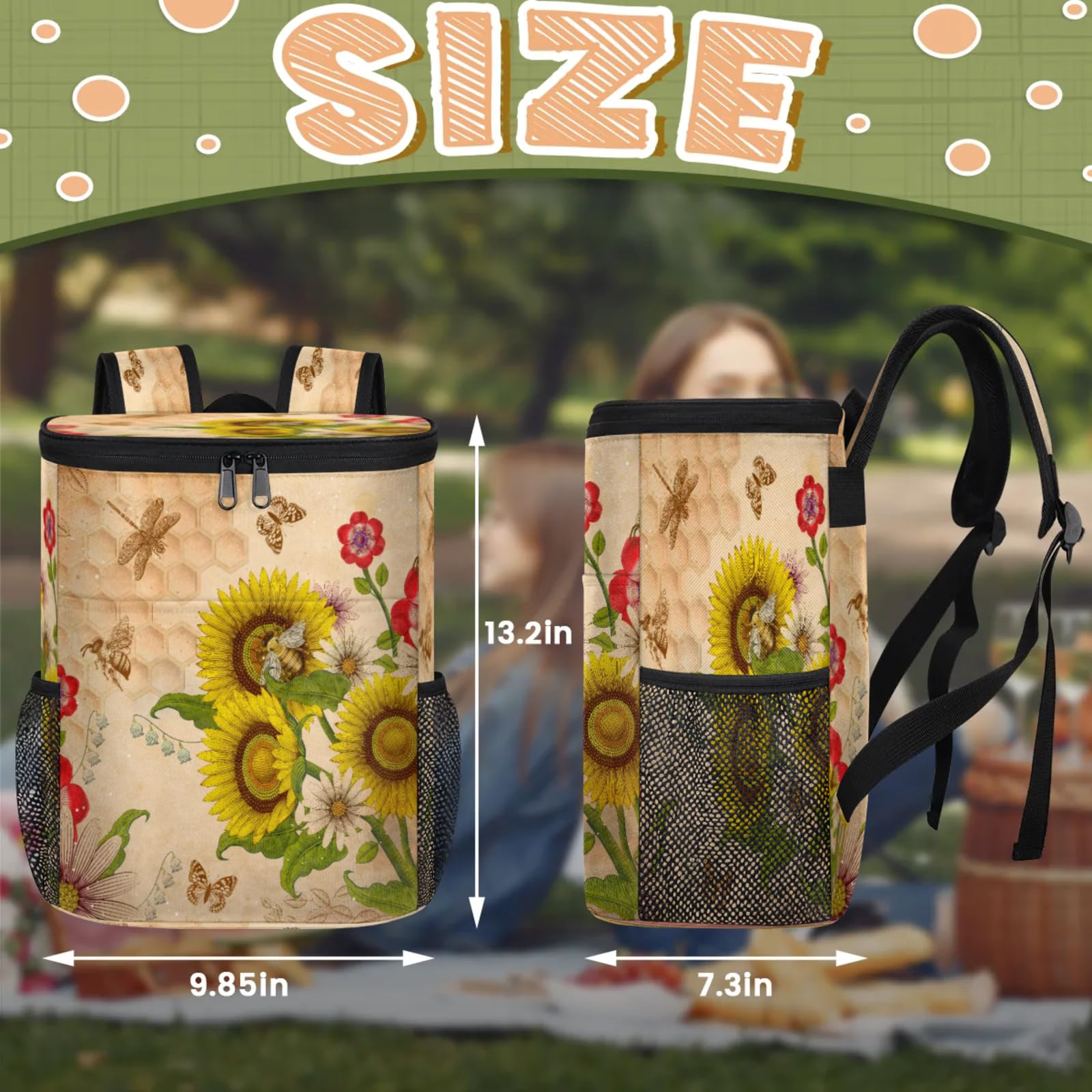 CNNINGYI Large Waterproof Insulated Cooler Backpack for Men Women, Bees Leak Proof Cooler Backpack for Camping, Picnic Travel Outdoor, Honeybee Sunflower