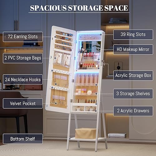 Miniatura 6 de LVSOMT Armario de joyería con 6 luces LED organizador de armadura de joyería espejo de piso de longitud completa con almacenamiento de joyas soporte