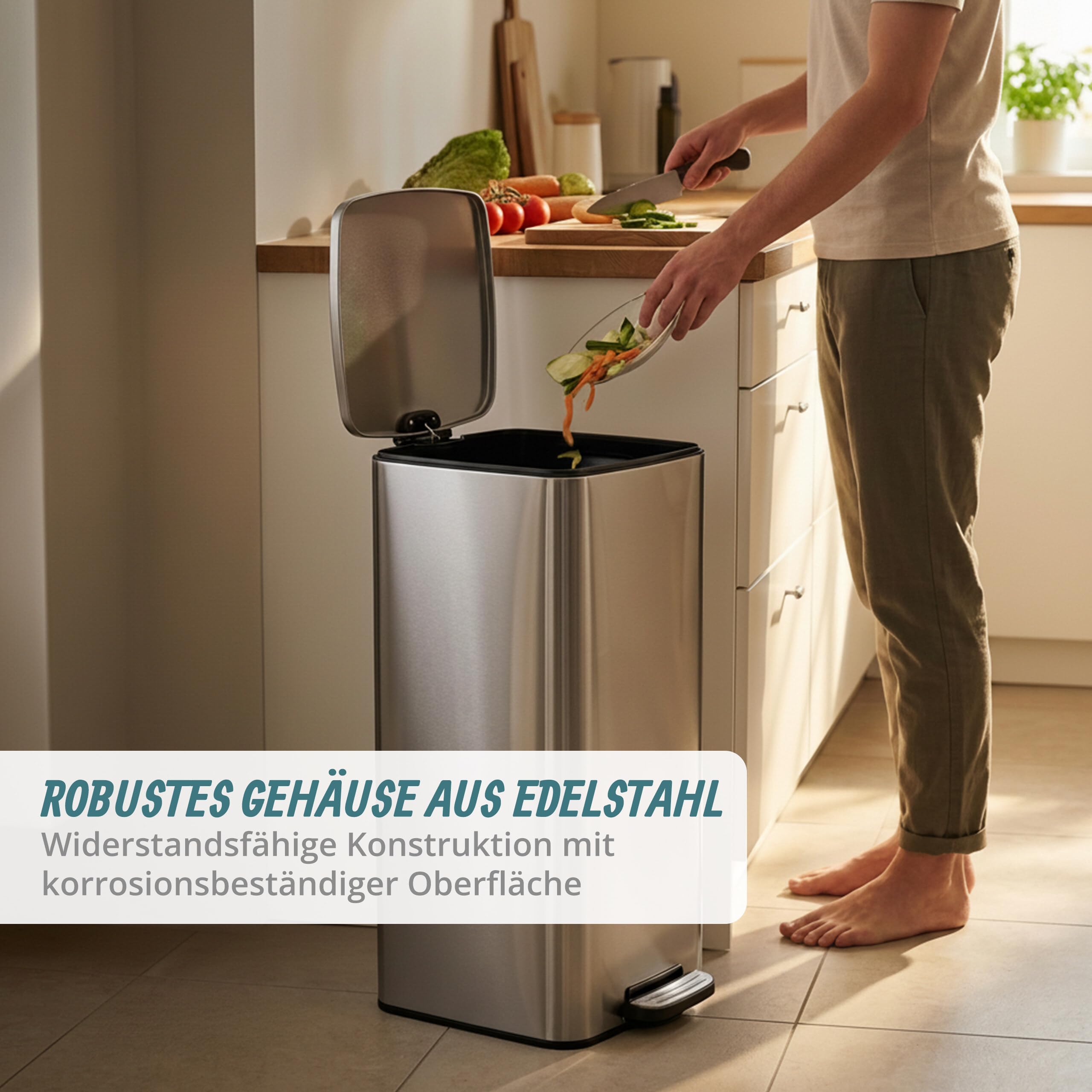 Relaxdays Mülleimer, 60 Liter, Küche, entnehmbarer Inneneimer, silber | Fußpedal, Softclose, Edelstahl, Tretmülleimer