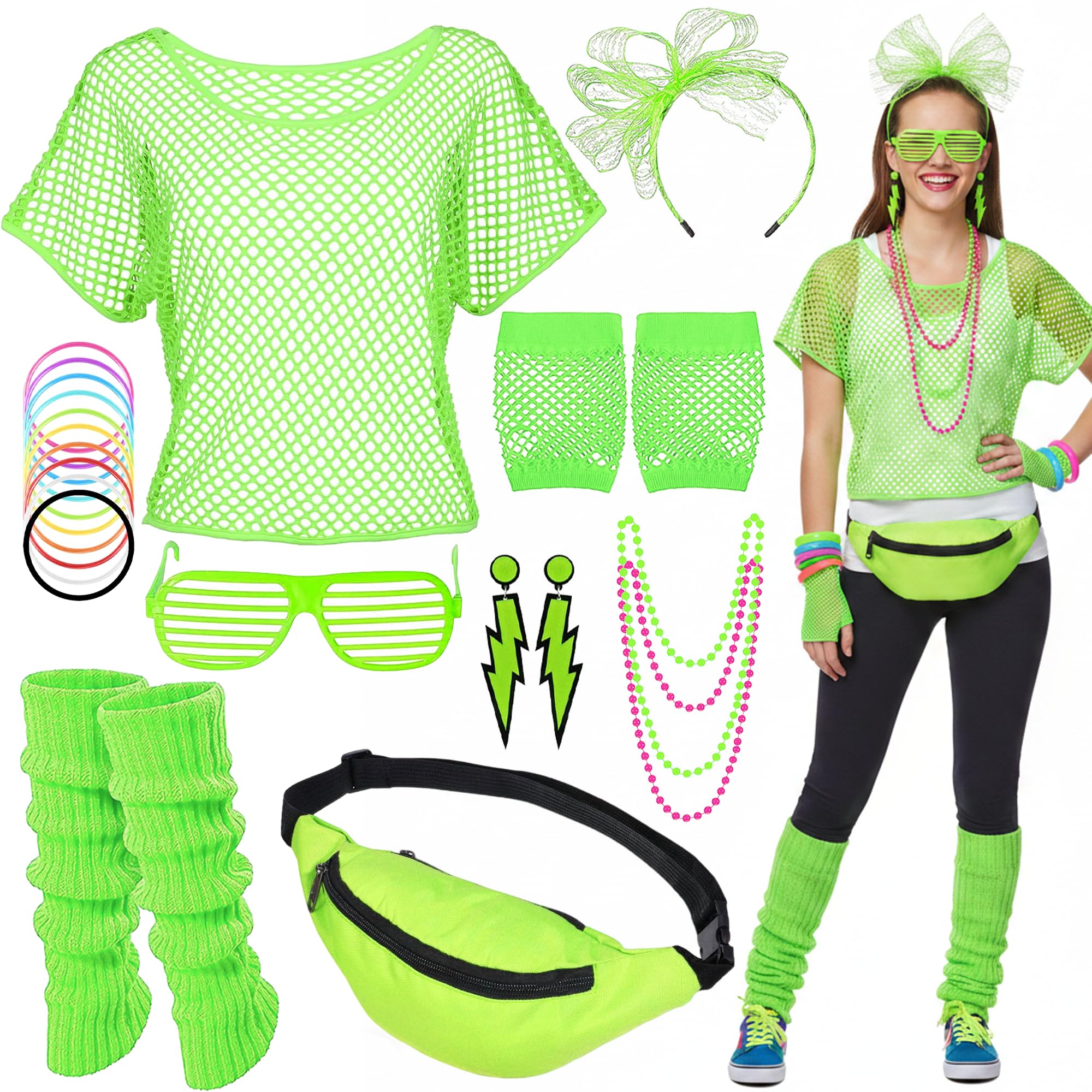 Fictoria 80s Fancy Dress Costume - 1980s Fluorescent Green Fishnet Top Accessories Set with Necklaces Leg Warmers Headband, Retro Theme Party Outfit for Women Girls Halloween Cosplay Hen