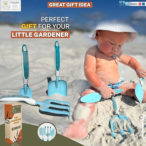 Miniatura 2 de Juego de jardinería para niños, 4 piezas, herramientas de jardín para niños, hechas de metal, guantes de jardinería para niños, rastrillo, pala de