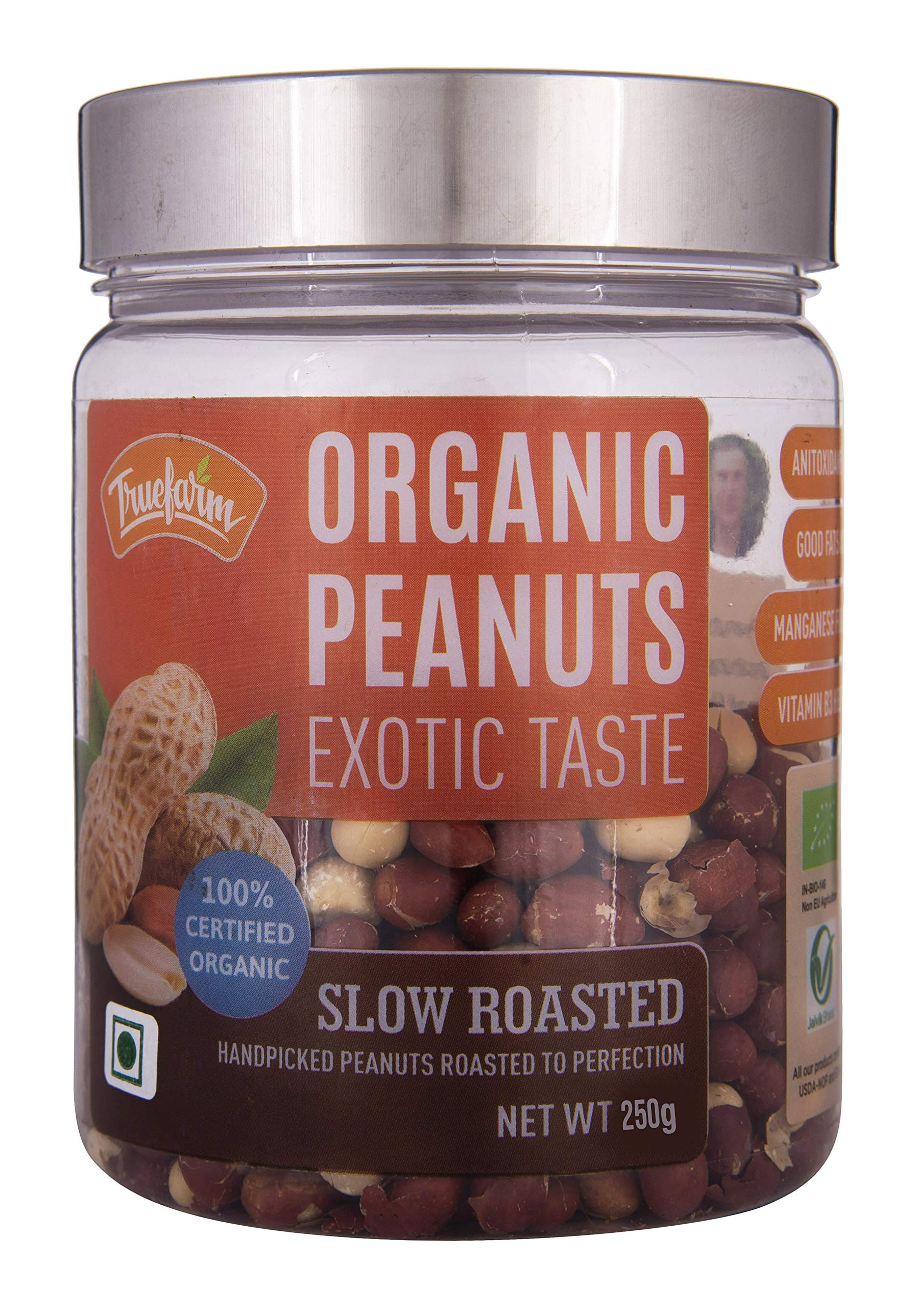 Truefarm Organic Roasted Peanuts | Slow Roasted Crunchy Mungfali Dana | Source of Good Fats & Manganese | Gluten-Free & Low Cholesterol Unsalted Peanuts | NPOP Certified | Pack of 1 (250g) (B087ZL26SS) Amazon Price History, Amazon Price Tracker