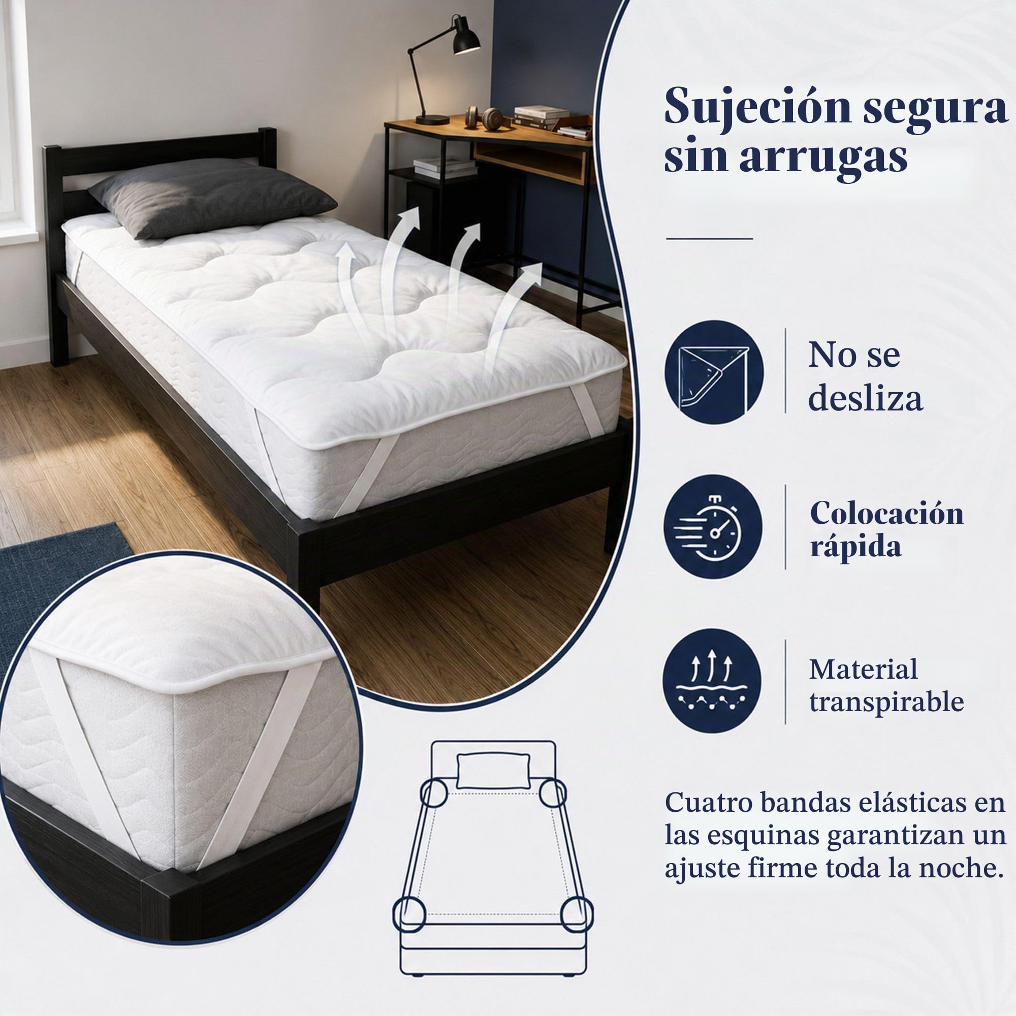 Protector de Colchón Acolchado 180x200cm Cubre Colchon Suave con Gomas en Las Esquinas – Topper Transpirable Lavable a Máquina Sobrecolchón para Cama 180x200 cm