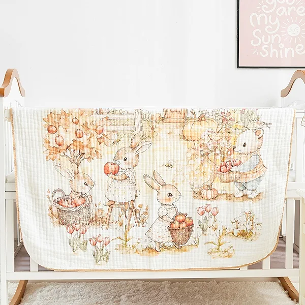 ROSE FEATHER Luxury Muslin Baby Blanket, Cozy Swaddle, 6-Layer Cotton Receiving Blanket for Newborn Infant, 43x43 Inch Lightweight Breathable Crib Blanket, Nursery Stroller Toddler Quilt, Rabbits