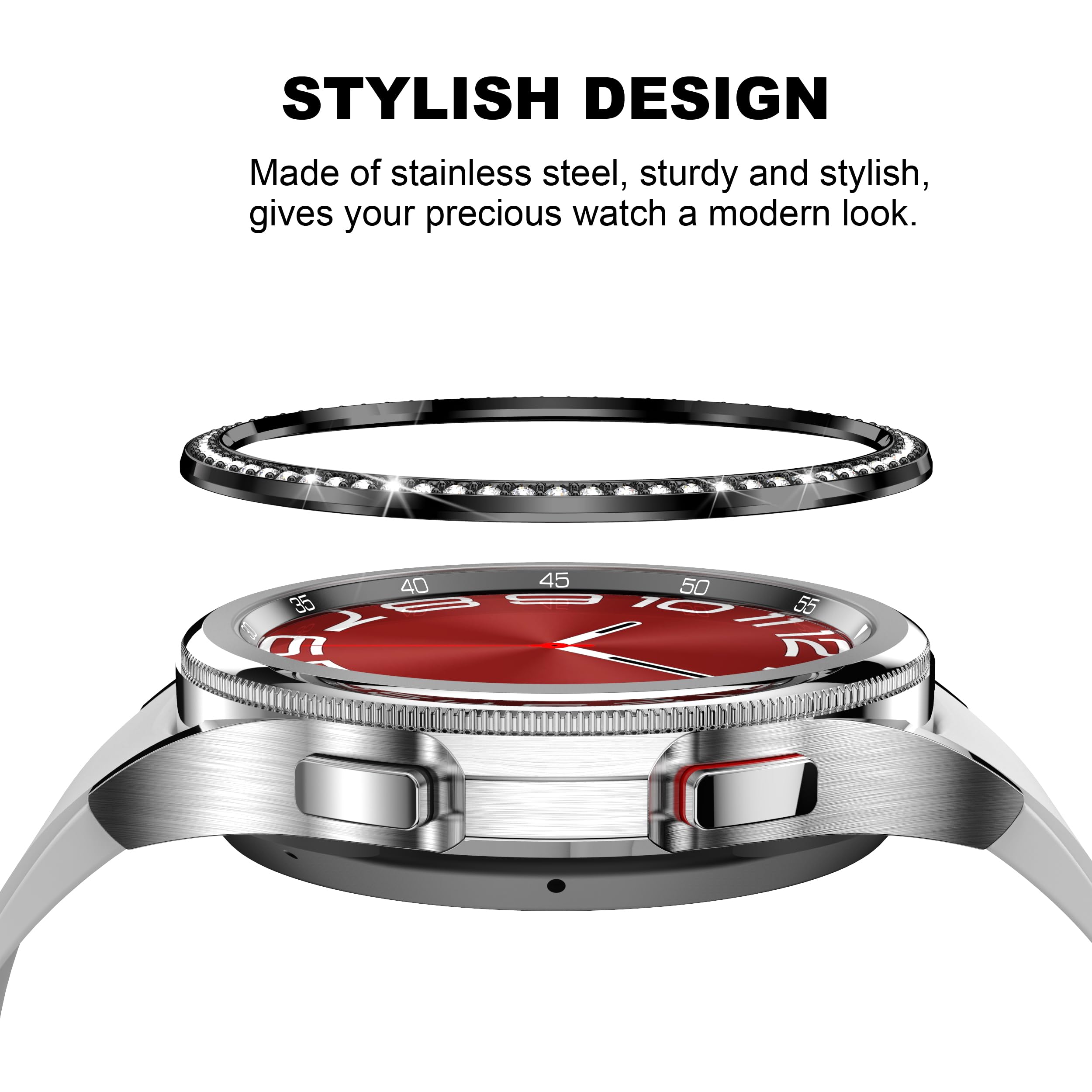 Etui na telefon komórkowy kompatybilne z Samsung Galaxy Watch 6 Classic 43 mm, pierścień na okulary ze stali nierdzewnej, błyszczące, akcesoria ochronne, czarne