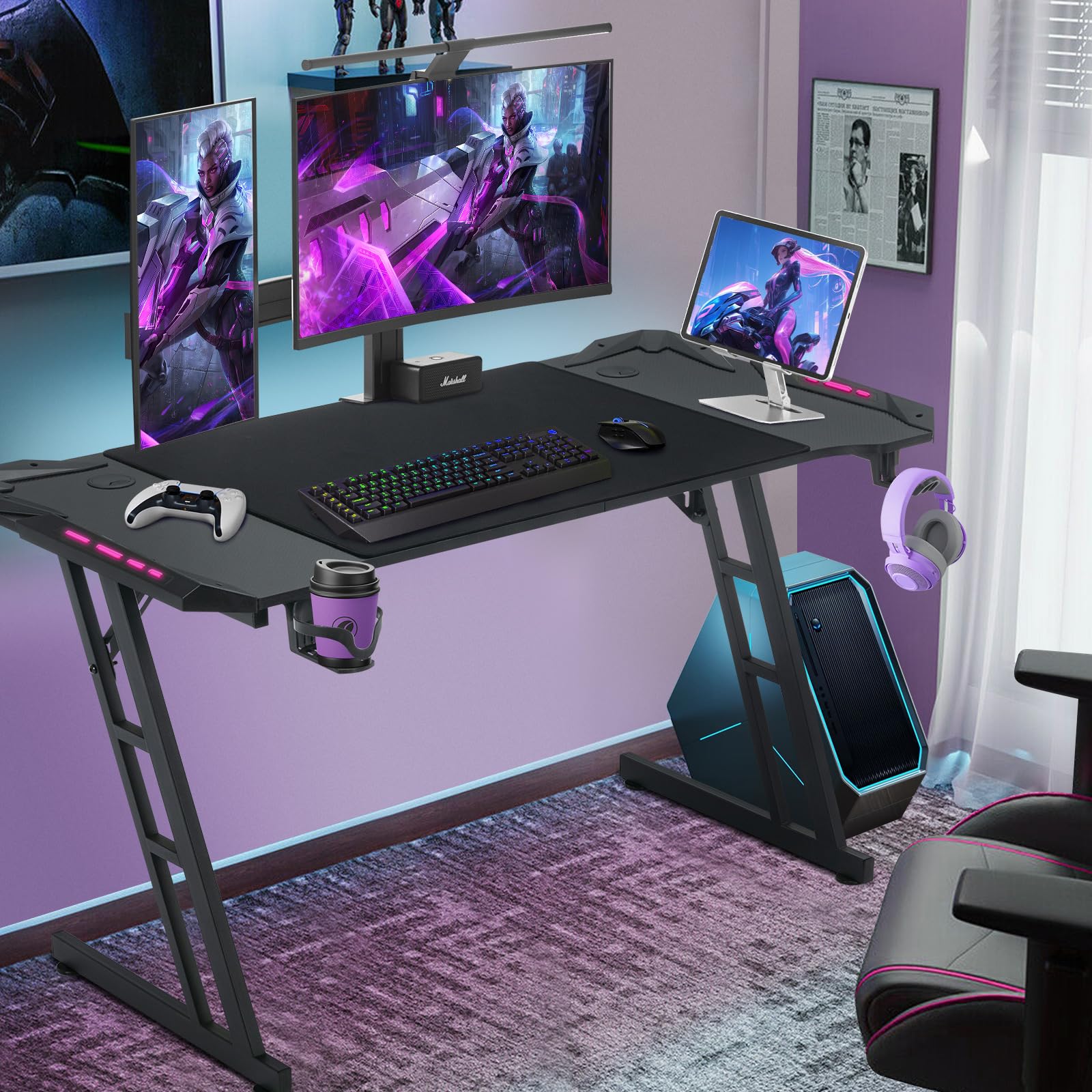 Bureau Gaming, Bureau Gamer LED, Table Gaming, 120x60cm PC Robuste Bureau Informatique Ergonomique avec Porte Gobelet et Crochet pour Casque, LED Table Bureau en Forme de Z Cool