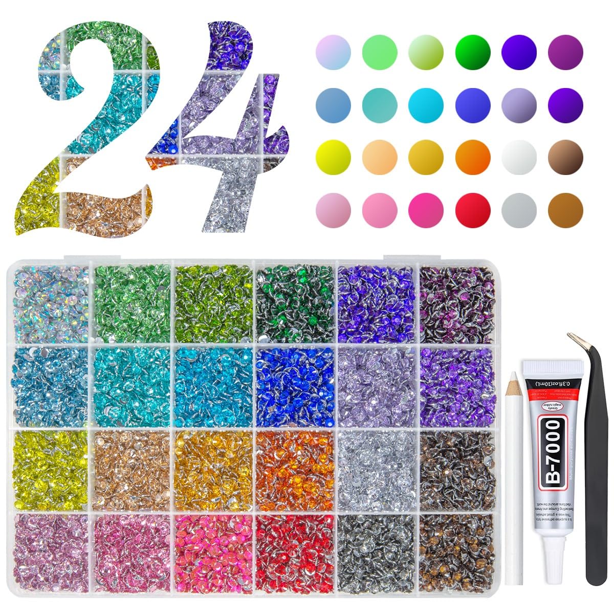 12600Pcs 24 Color 4mm Crystal Resin Rhinestones w B7000 Jewelry Glue for Bedazzling Crafting Flatback SS16 Colorful Rainbow Stones Gems Diamonds Crystals for Nails Face Makeup Tumblers Crafts