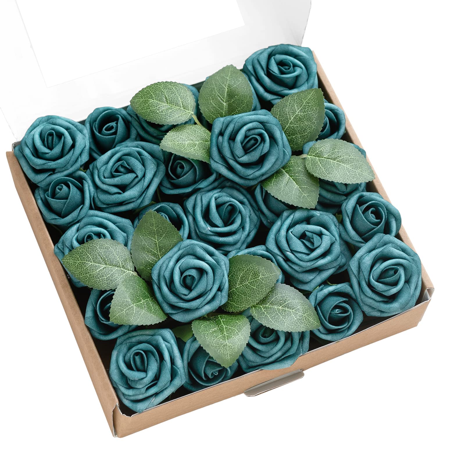 Ling's moment Artificial Wedding Flowers 1.5" Rose Buds and 2" Petite Roses 25pcs Dark Teal w/Stem for DIY Wedding Boutonniere Wrist Corsages Bouquets Centerpieces Arrangements