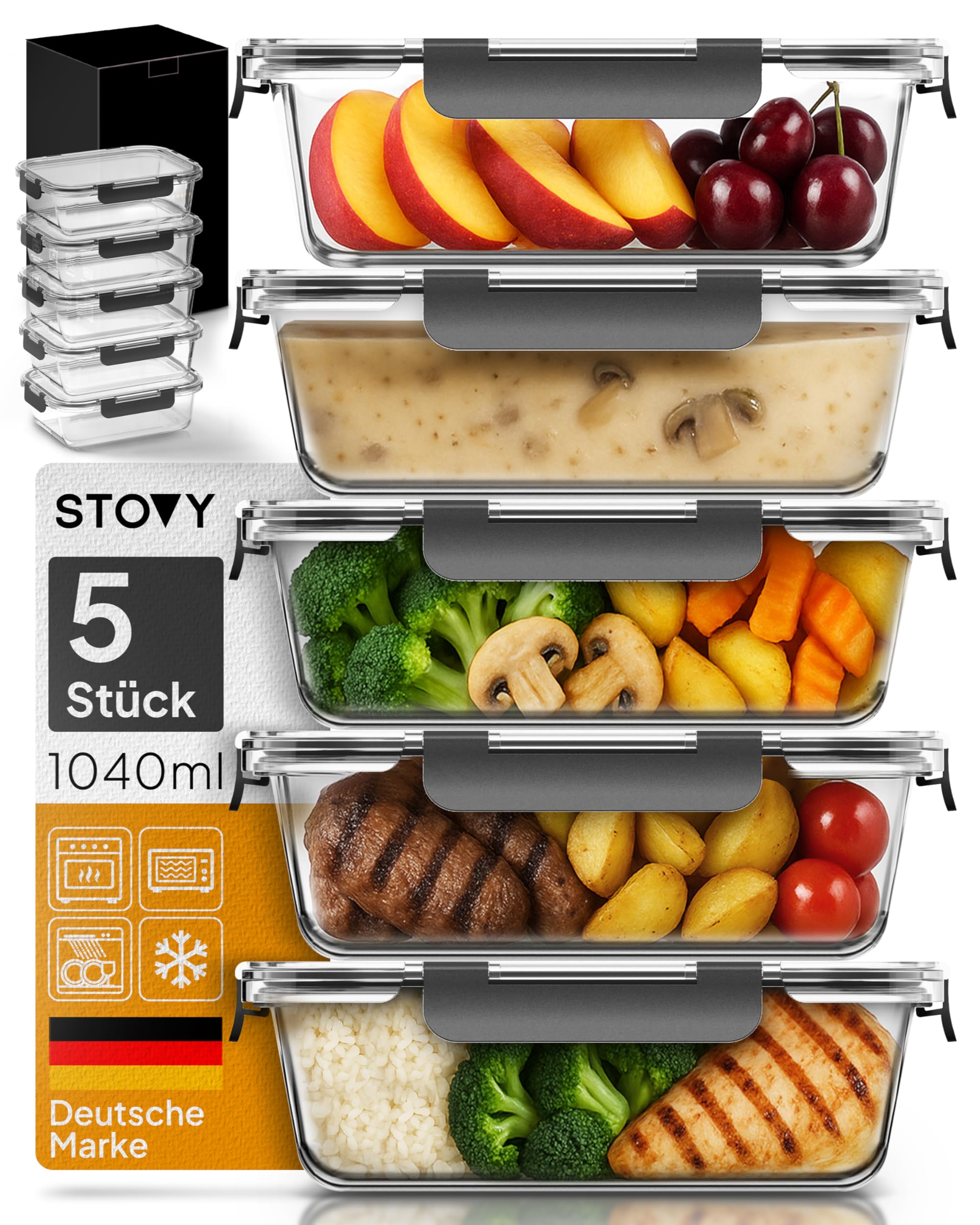 STOVY® Meal Prep Boxen Glas - 5x 1040ml I Glasbehälter mit Deckel - Ideal für komplette Mahlzeiten I Frischhaltedosen geeignet für Spülmaschine, Mikrowelle & Gefrierschrank I Mealprepboxen