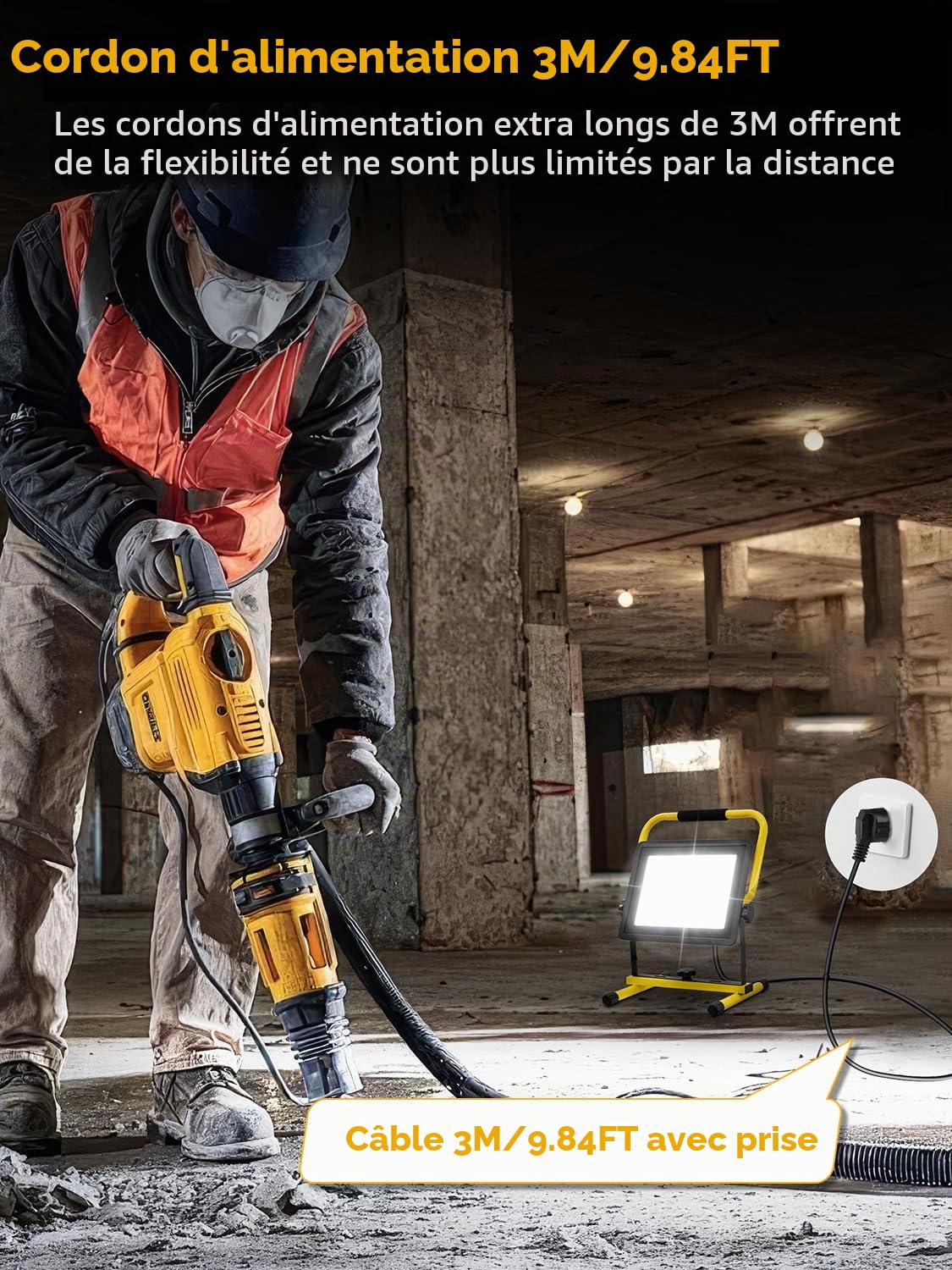 Projecteur LED Chantier 100W, 10000LM Blanc Froid, Étanche IP66, Portable avec Câble de 9.84FT, Aluminium et Verre, Moderne, Pour Extérieur, Garage, Atelier