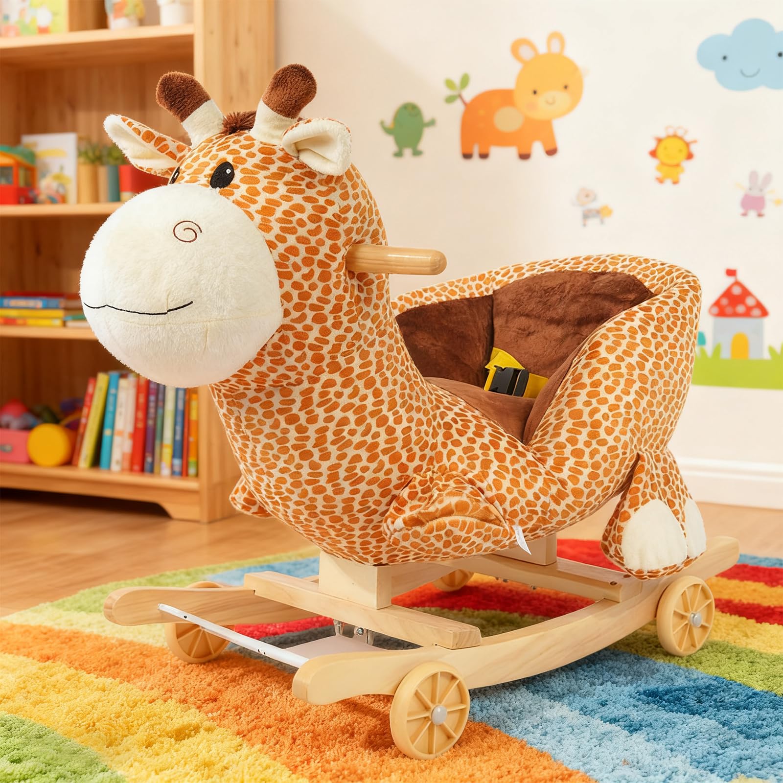 Jessruly Plush Animal Rocking Horse – Soft Ride-On Rocker with Wooden Frame, Magical Unicorn Design for Imaginative Play (Giraffe)