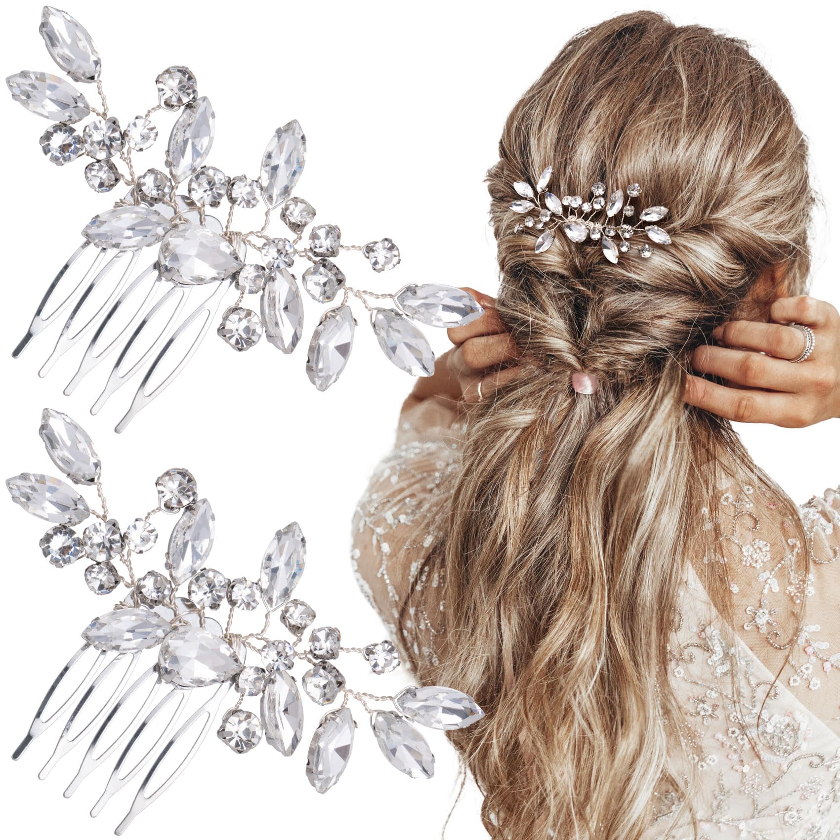PAGOW 2 Pcs Bridal Hair Comb, Clear Rhinestone Hair Accessories, Crystal Wedding Hair Comb, Sparkly Hair Pieces for Women, Bride, Bridesmaids, Wedding