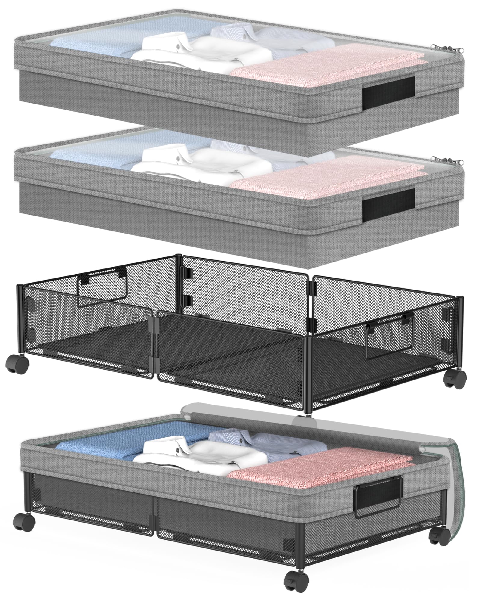 VyGrow Metal Under Bed Storage Containers 2Pack, Rectangular with Wheels & Removable Dust Bags, 24"L x 15.8"W x 5.9"H, 26L Capacity Each, For Under-Bed Storage