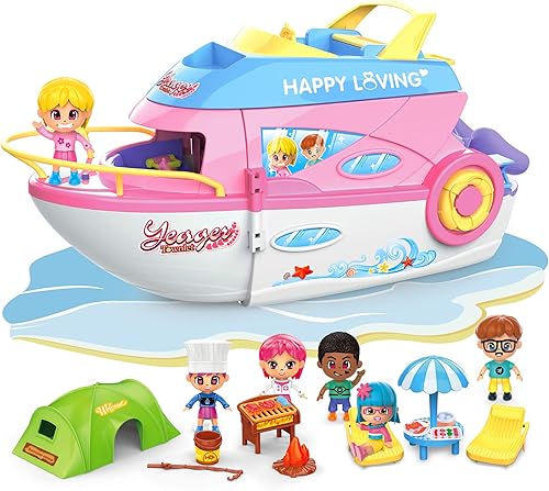 iPlay, iLearn Juego de casa de muñecas para niñas de 3 a 4 años, juego de juguete de barco con muñecas pequeñas, casa de juegos de simulación para