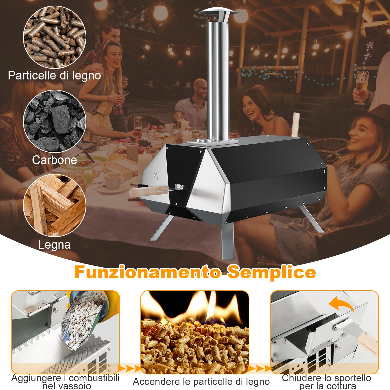 GYMAX Forno a Legna per Pizza, Griglia in Acciaio Inox a 3 Strati con Termometro, Pala per Pizza, Pietra per Pizza, Gambe Pieghevoli, per Esterno Cortile, Veranda, 51 x 38,5 x 83 cm