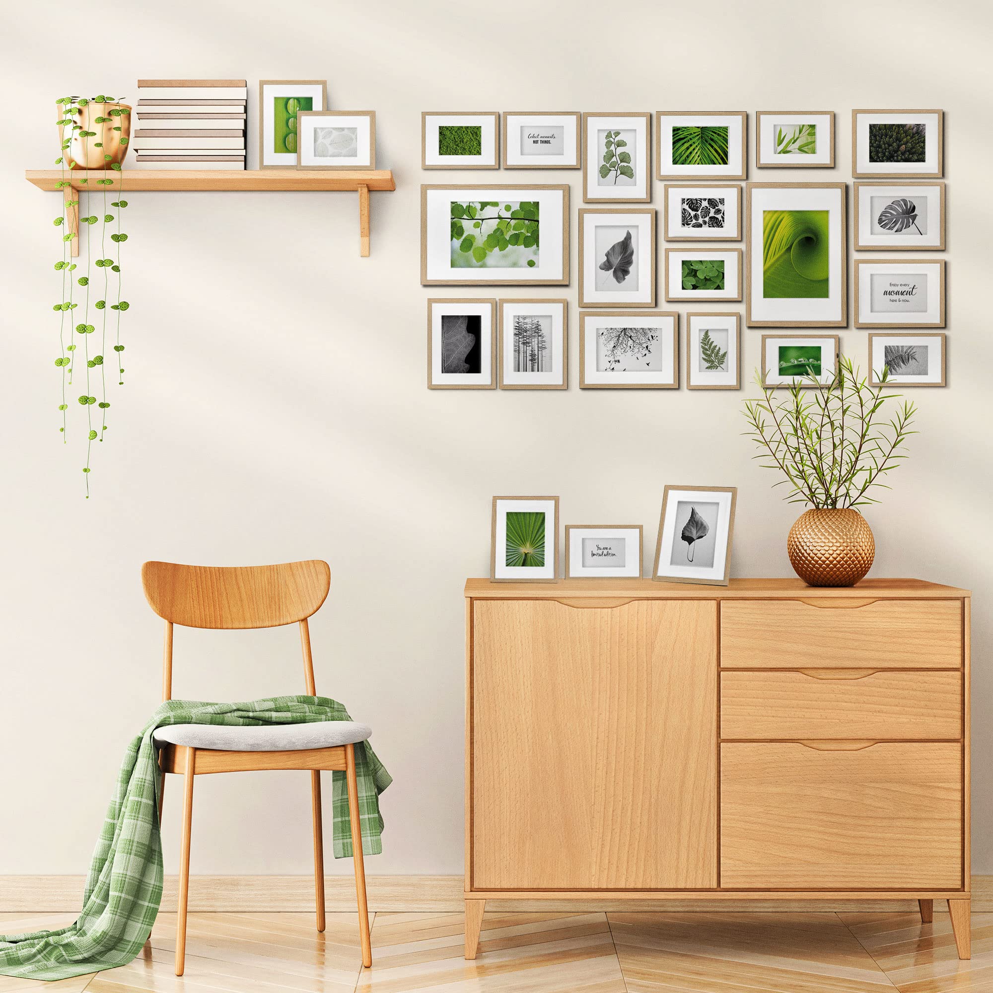 bomoe Juego de Marcos de Fotos 24 Piezas con Paspartú de Madera Cristal | 10x10,5x15cm 8x13x18cm 4x15x20cm 2x20x30cm roble cristal de plástico mural Decoración Marco pared collage Nature