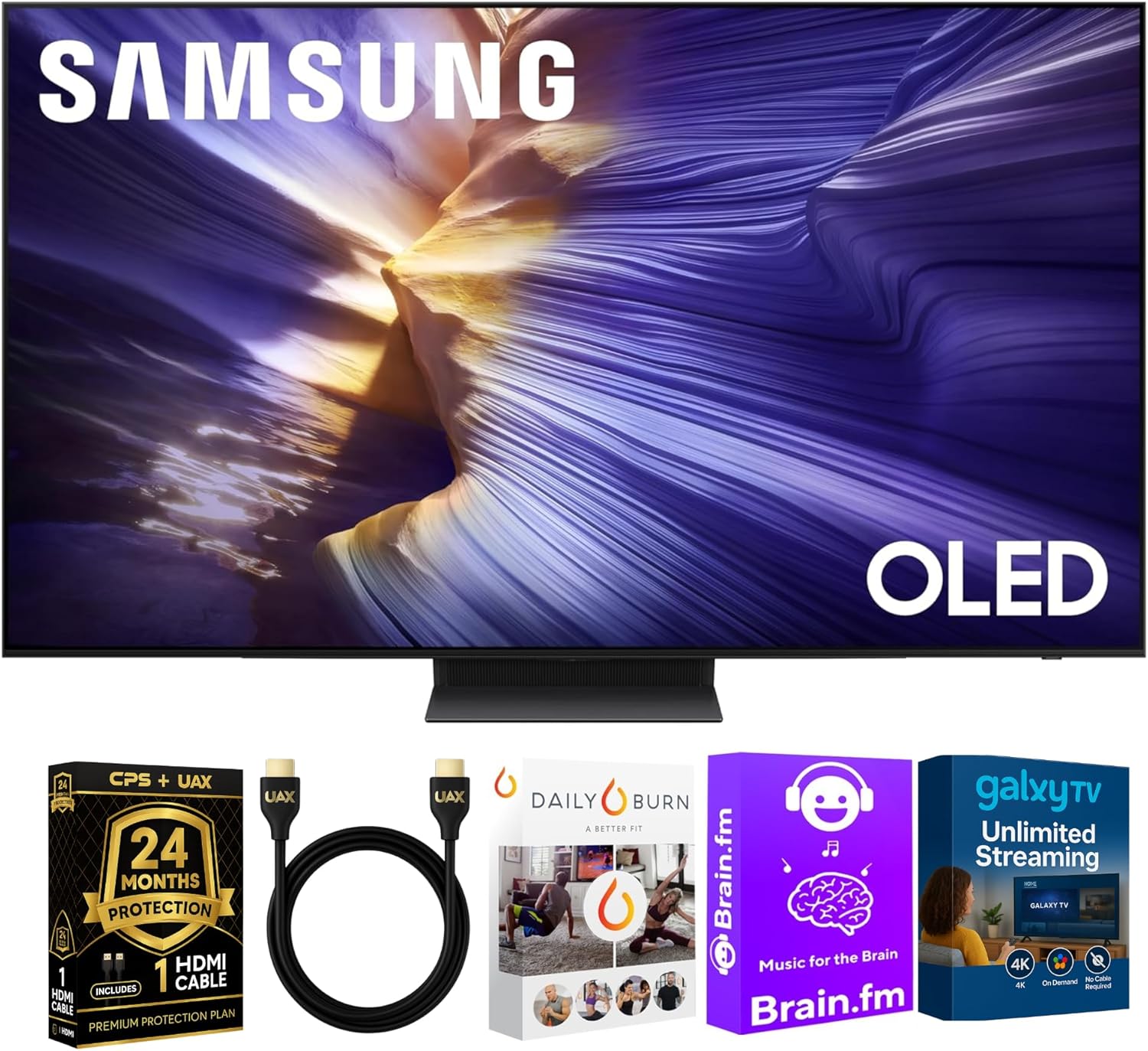 Samsung OLED S90F 4K Smart TV with included accessories