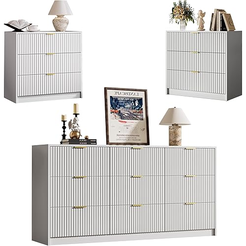 3-Piece Dresser Bedroom Set, 9 Drawer Dresser & 3 Drawer Nightstands with Gold Handles, Fluted Wood Chest of Drawers for Bedroom, Living Room, Entryway, White