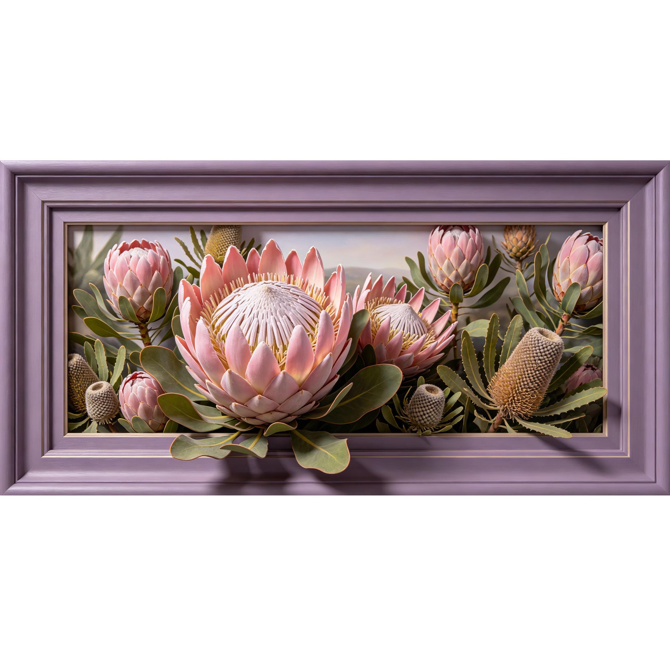Agglomerix 3D Framed Wall Art Pink Protea Floral Botanical Textured Relief Effect Large Size Self-Adhesive Removable Wall Decor Prints Artwork for Living Room Bedroom Office