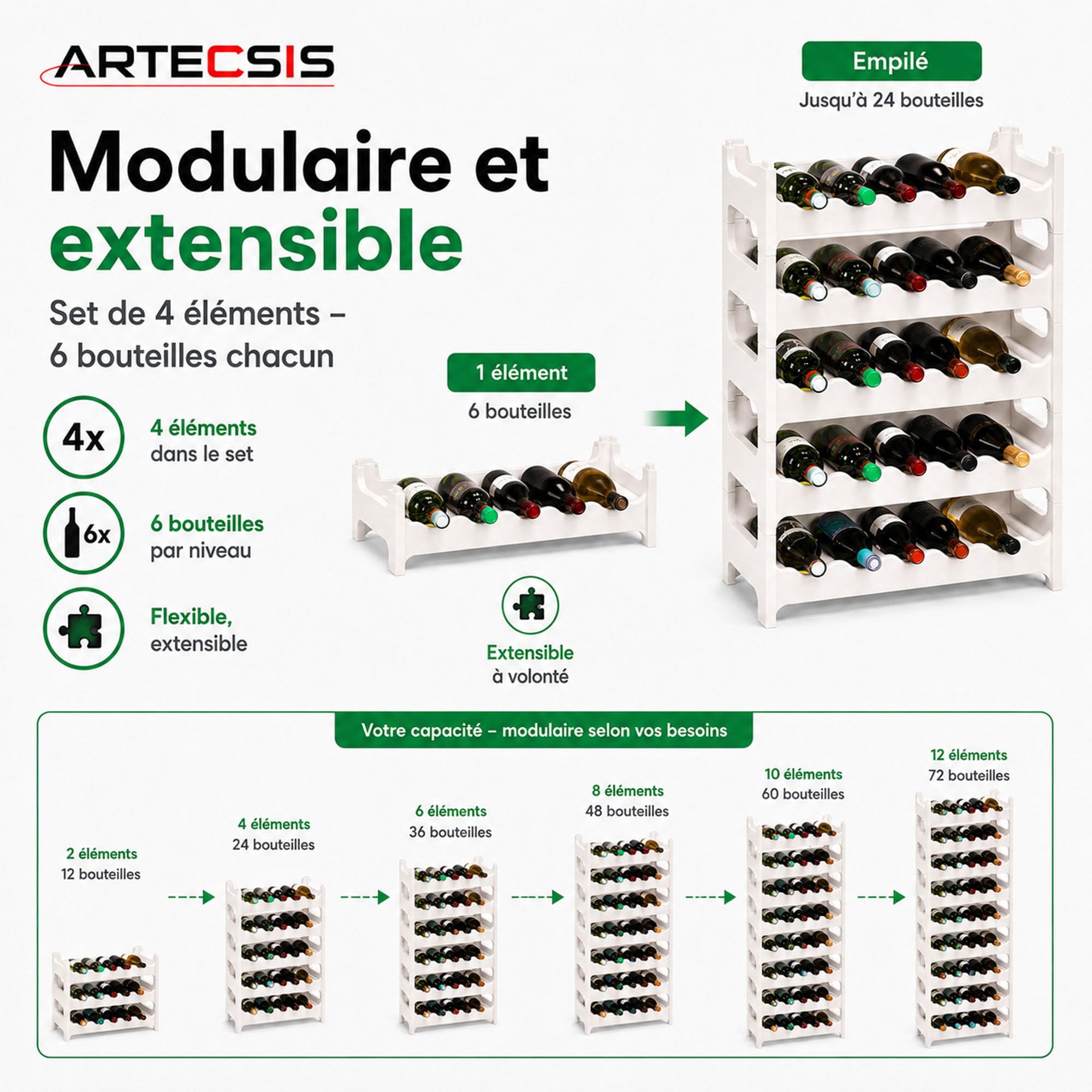 ARTECSIS Casier à Bouteilles, Étagère à Vin pour 24 Bouteilles, Range Bouteille Plastique Blanc, Hauteur de 54 cm