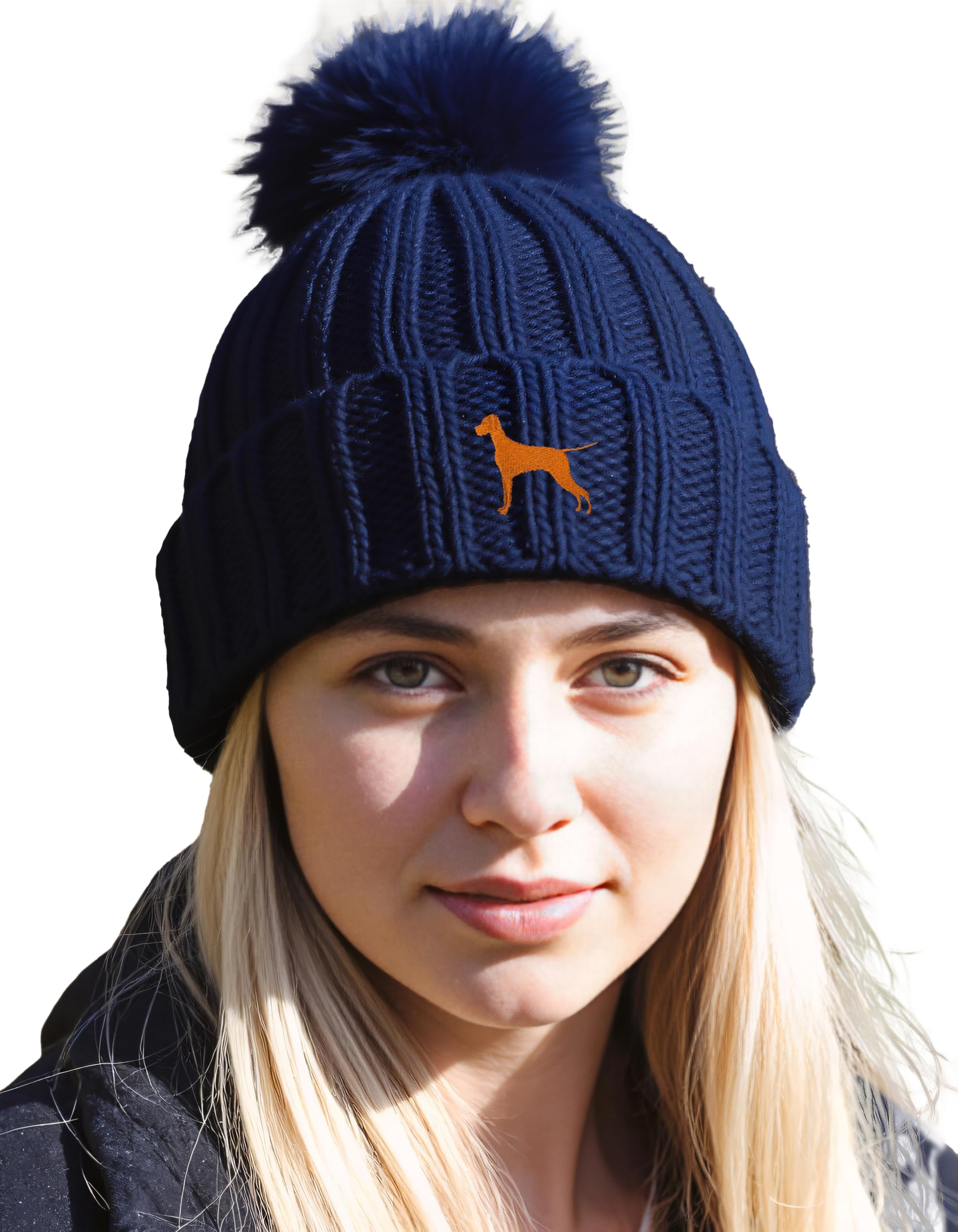 The House Of Dog Unisex Navy The House Of Dog: Vizsla Owner Gift. Faux Fur Pom Pom Chunky Knit Super Soft Embroidered Beanie