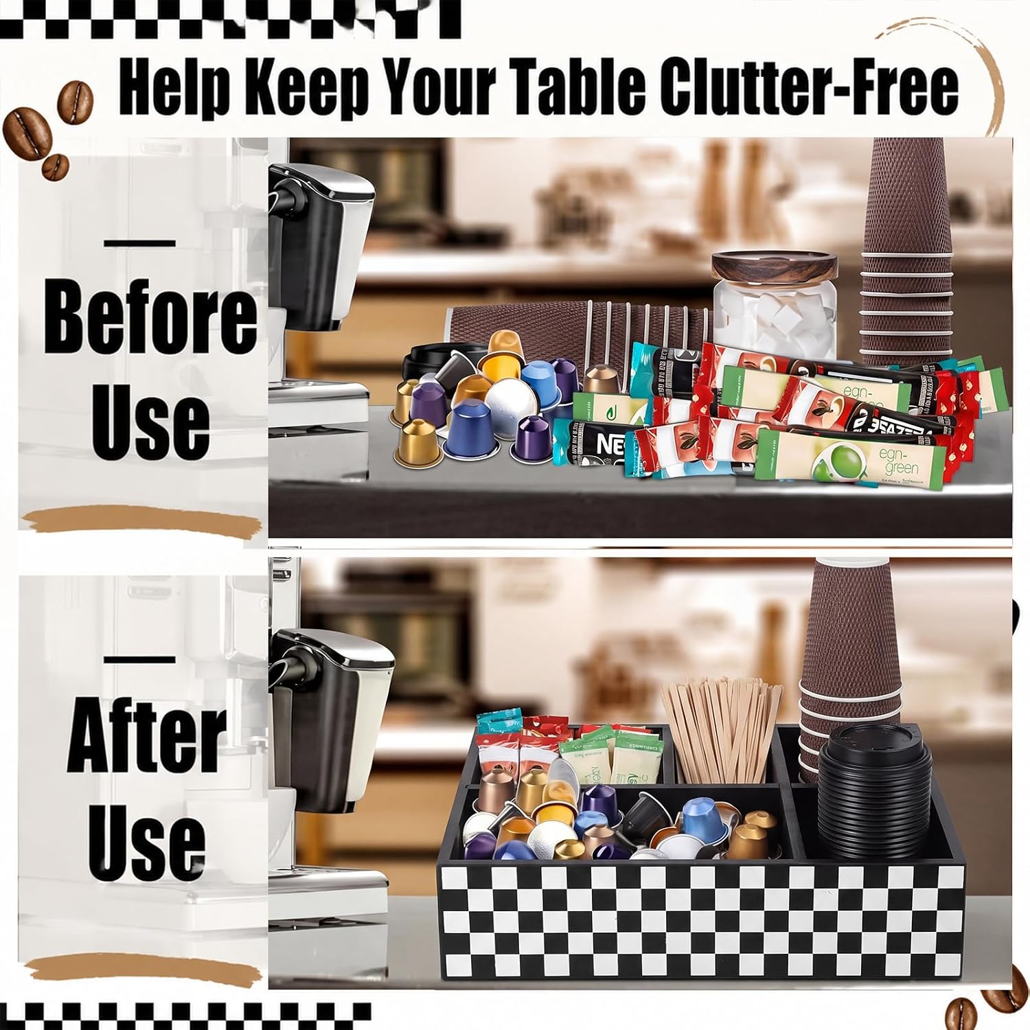 Checkered Coffee Station Organizer Pods Holder for Counter Wood Countertop Accessories Organizer for Pods Condiment Syrup Tea Cups Stirrers for Farmhouse Coffee Bar Decor