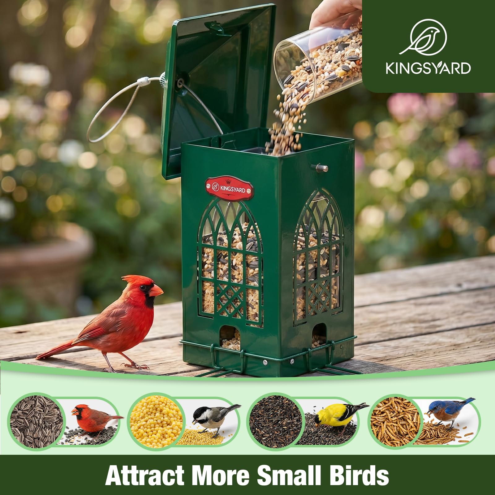 Kingsyard Comedero para pájaros a prueba de ardillas para exteriores con perchas activadas por peso, capacidad de 5 libras, comedero de metal grande para pájaros silvestres pequeños, pinzón cardenal