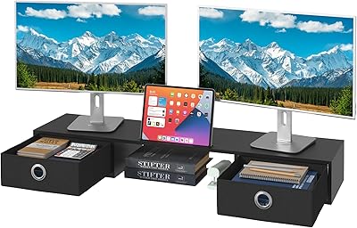 Supporto Monitor Scrivania, Supporto 2 Monitor Rialzo Monitor da Scrivania, Supporto per Monitor con Cassetto, Supporto Schermo PC Laptop Computer Monitor Stand Accessori Scrivania (Nero)