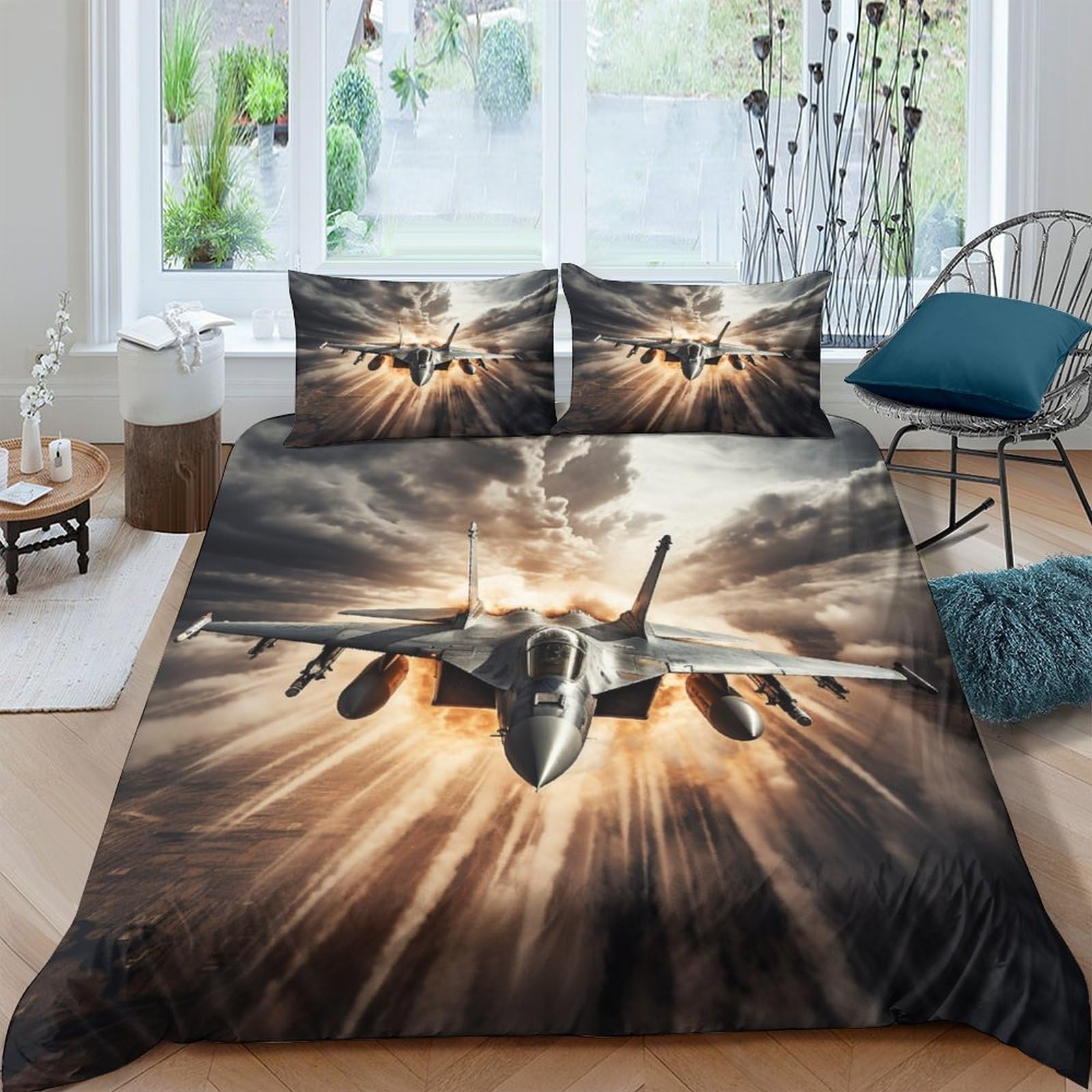 NAHCBIOT Fighter Jet Bedding Duvet Cover Set Microfibre Comforter Cover 3D Print Aircraft Quilt Cover with 3 Piece Set Pillowcases for Children, Adults King（220x240cm）