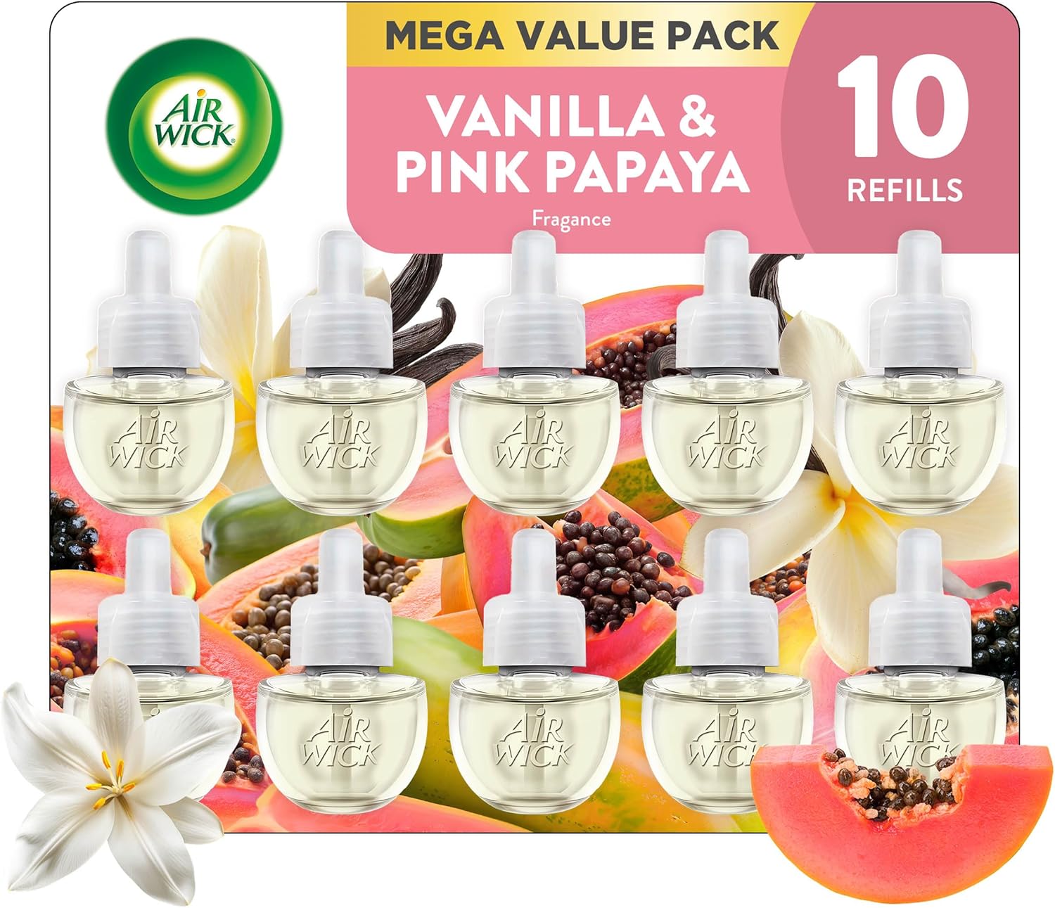 Air Wick Plug in Scented Oil Refill, 10ct, Vanilla and Pink Papaya, Air Freshener, Essential Oils Vanilla and Pink Papaya 0.67 Fl Oz (Pack of 1)