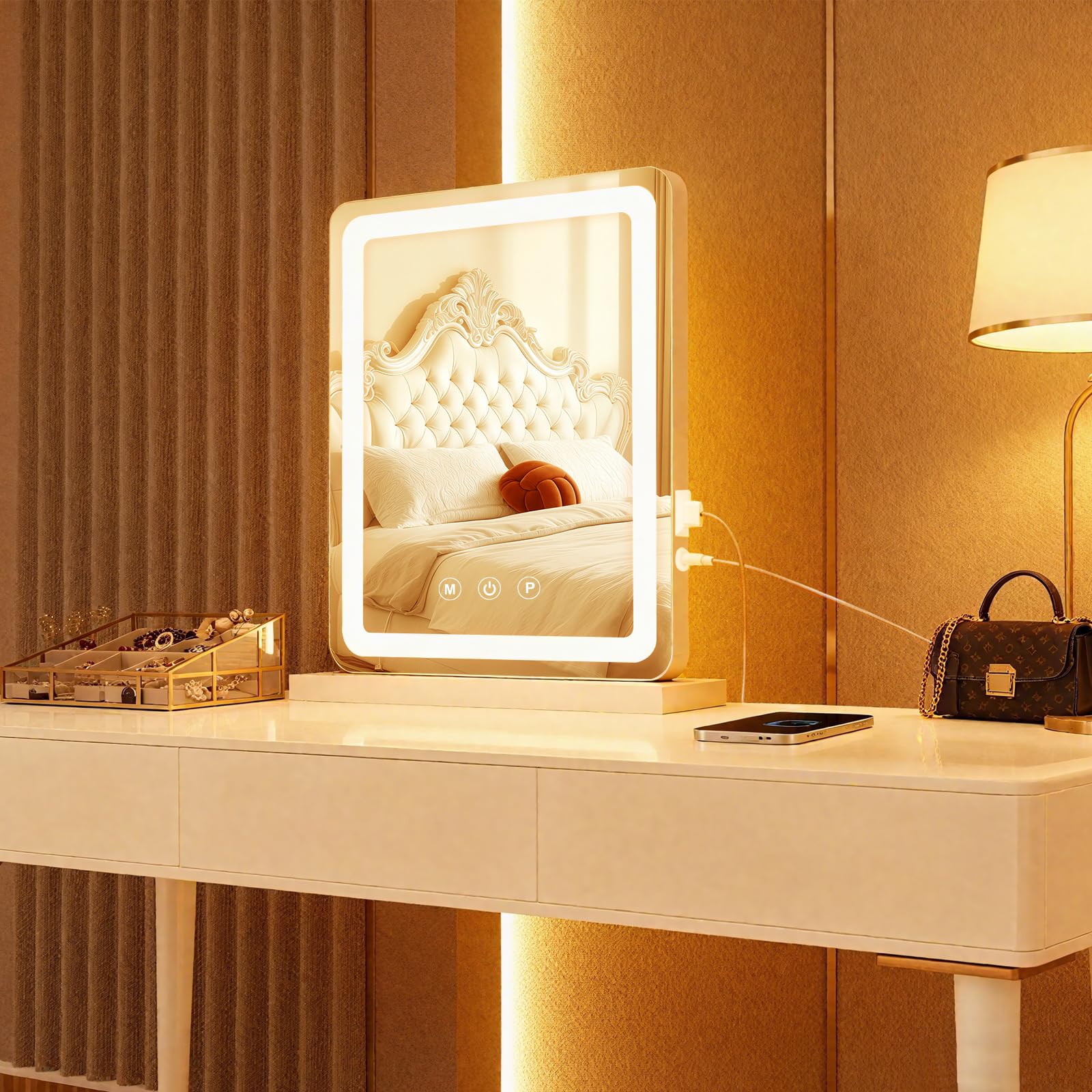 Lusterko do makijażu LED z oświetleniem 33 x 43 cm z funkcją ściemniania, 3 kolory, inteligentne sterowanie dotykowe, funkcja pamięci, podświetlane lustro stołowe do