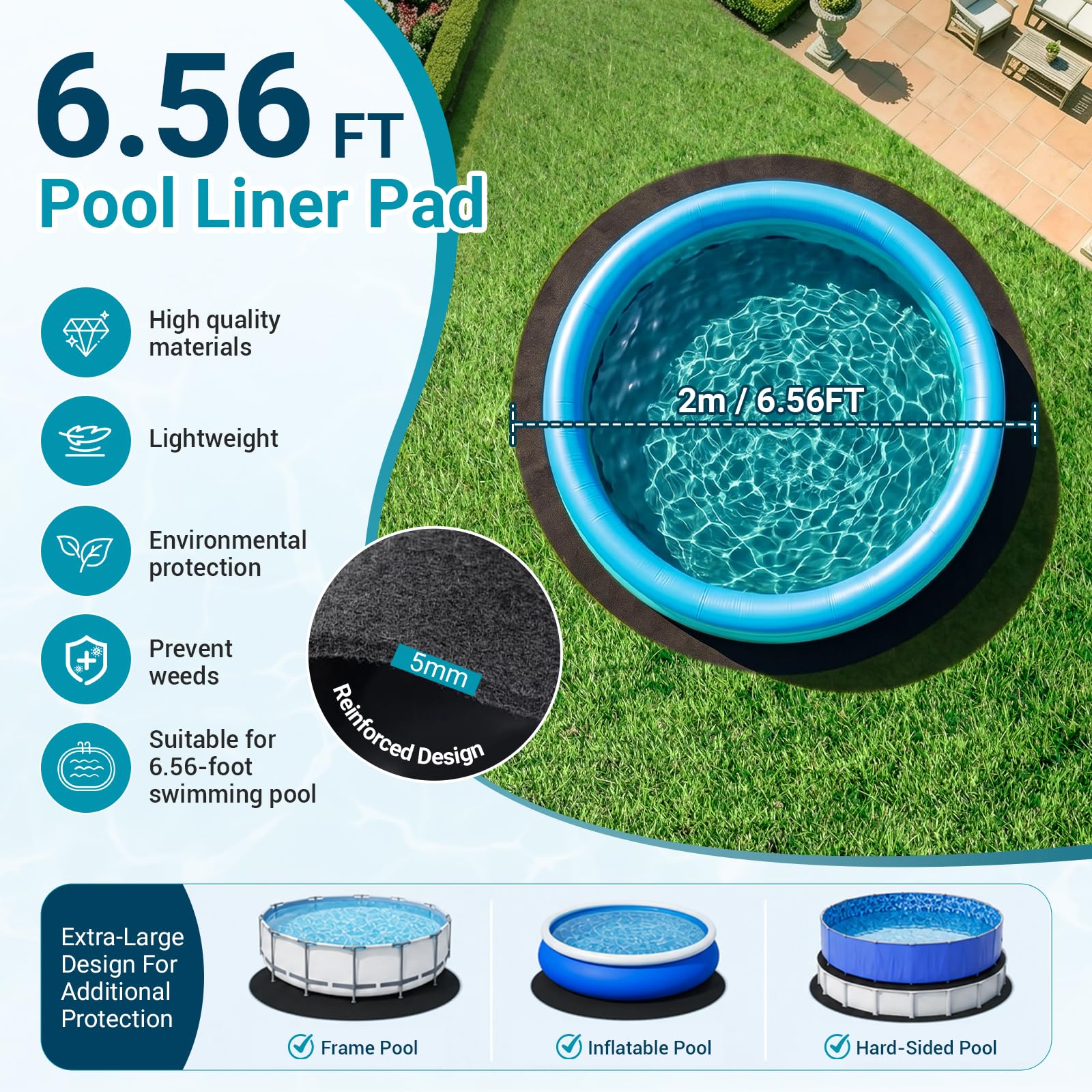 Base Redonda para Piscina 200cm, Base para Piscina Exteriores, Almohadilla de Piscina, Protege El Suelo, Antideslizante, Antimoho, Antidesgarro, Apto para Piscinas y Bañeras Exteriores