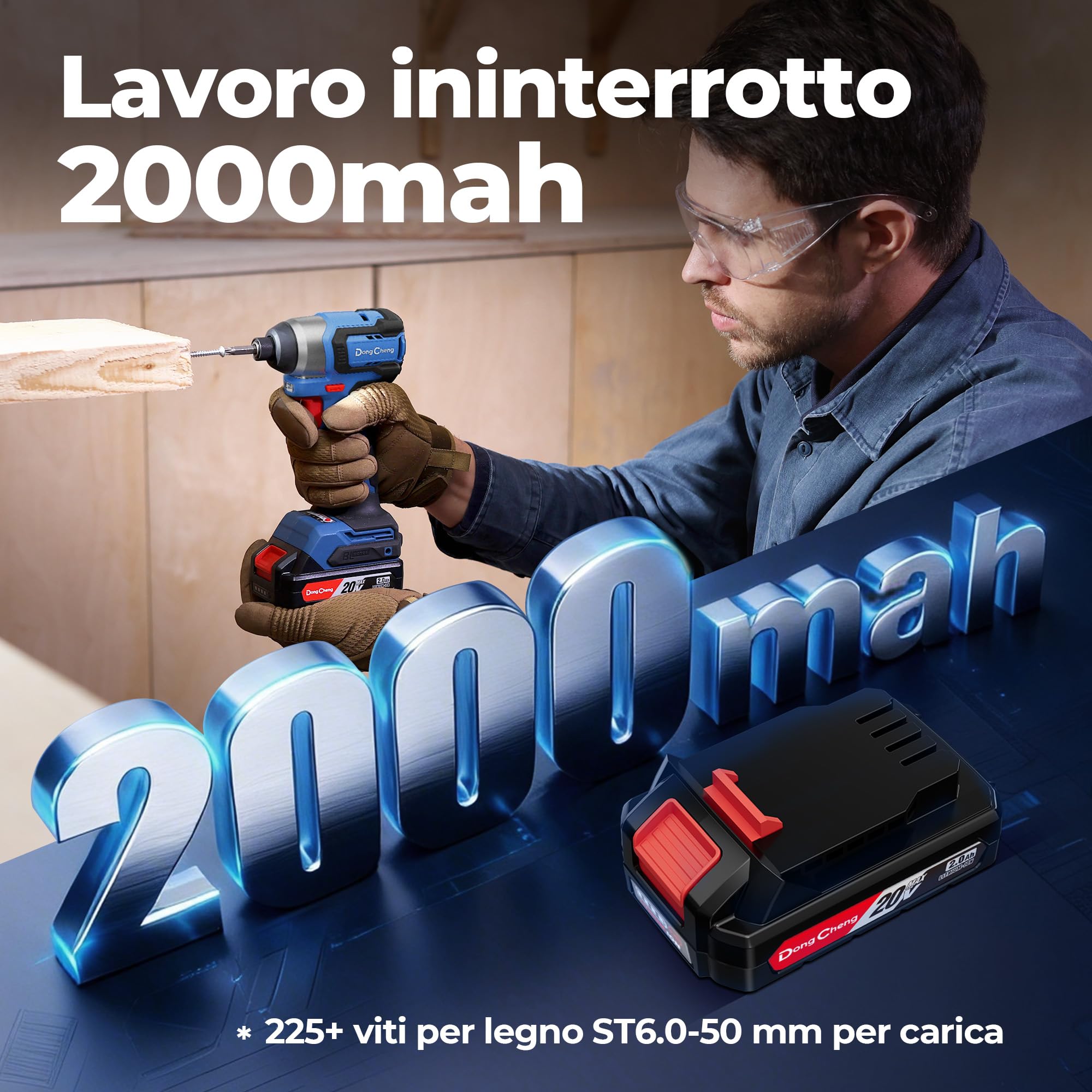 Dong Cheng Avvitatore a impulsi a batteria 20V 165Nm, 2 batterie | Per lavori di avvitamento pesanti, Avviamento graduale, Autoperforante, Hex 6,35mm, 3+1 velocità