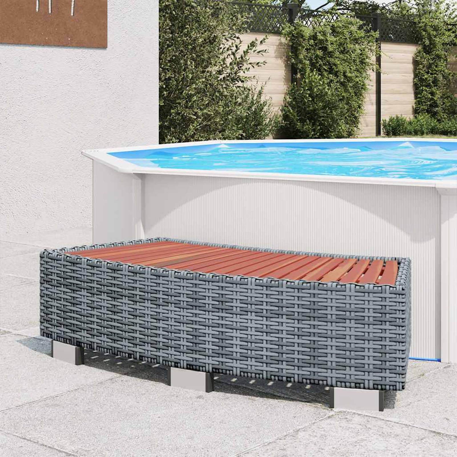 Gecheer Escalón para Bañera de Hidromasaje, Estructura de Acero, Ratan Sintético, Madera Tropical, Fácil Montaje, 92 x 45 x 25 cm, para SPA y Jacuzzi