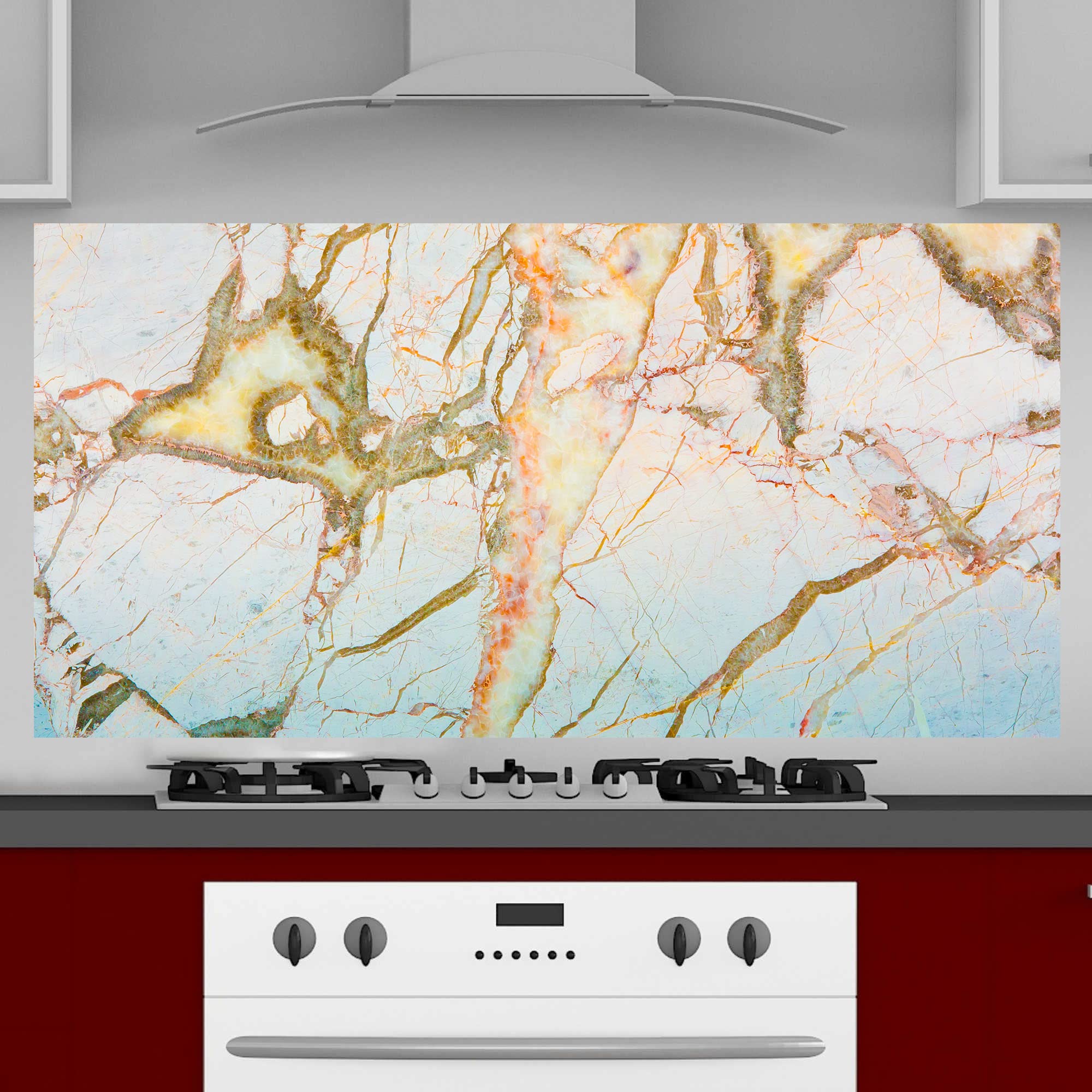 INDIGOS UG - Pannello posteriore da cucina per piastrelle, marmo chiaro, 120 x 55 cm, paraspruzzi in alluminio, resistente al calore, pannello posteriore da cucina, moderno, lavabile, per fornelli e