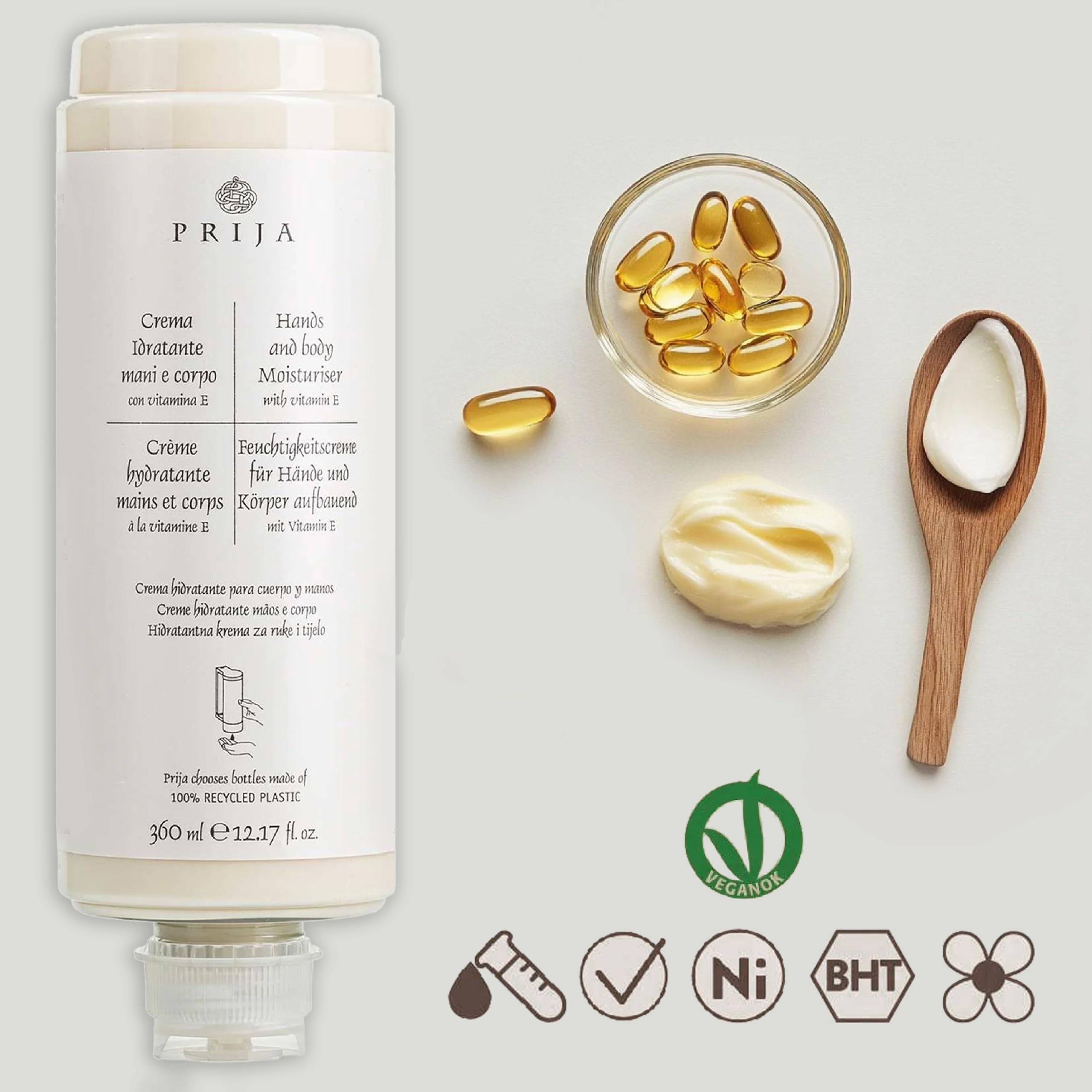 PRIJA 2 en 1 Crema Hidratante de Manos Loción Corporal con Vitamina E, Cartucho Dispensador de 360 ml (Blanco, 6 x 360 ml)
