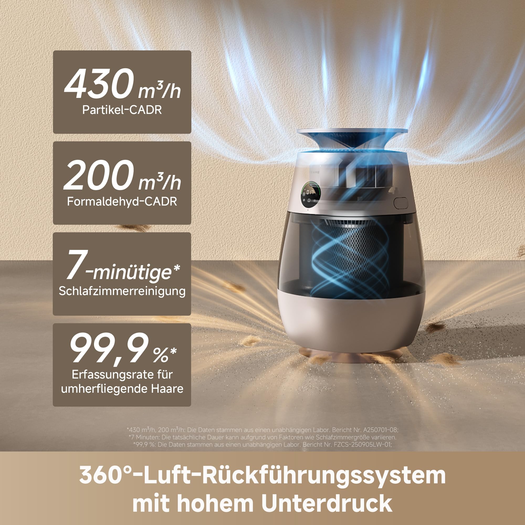 DREAME Haustier-Luftreiniger AP10, 360°-Luft-Unterdruck-Rückführungssystem mit fünfstufiger Reinigung. Transparenter Behälter, geschwungene Oberseite und LED-/Beleuchtung mit App-Steuerung